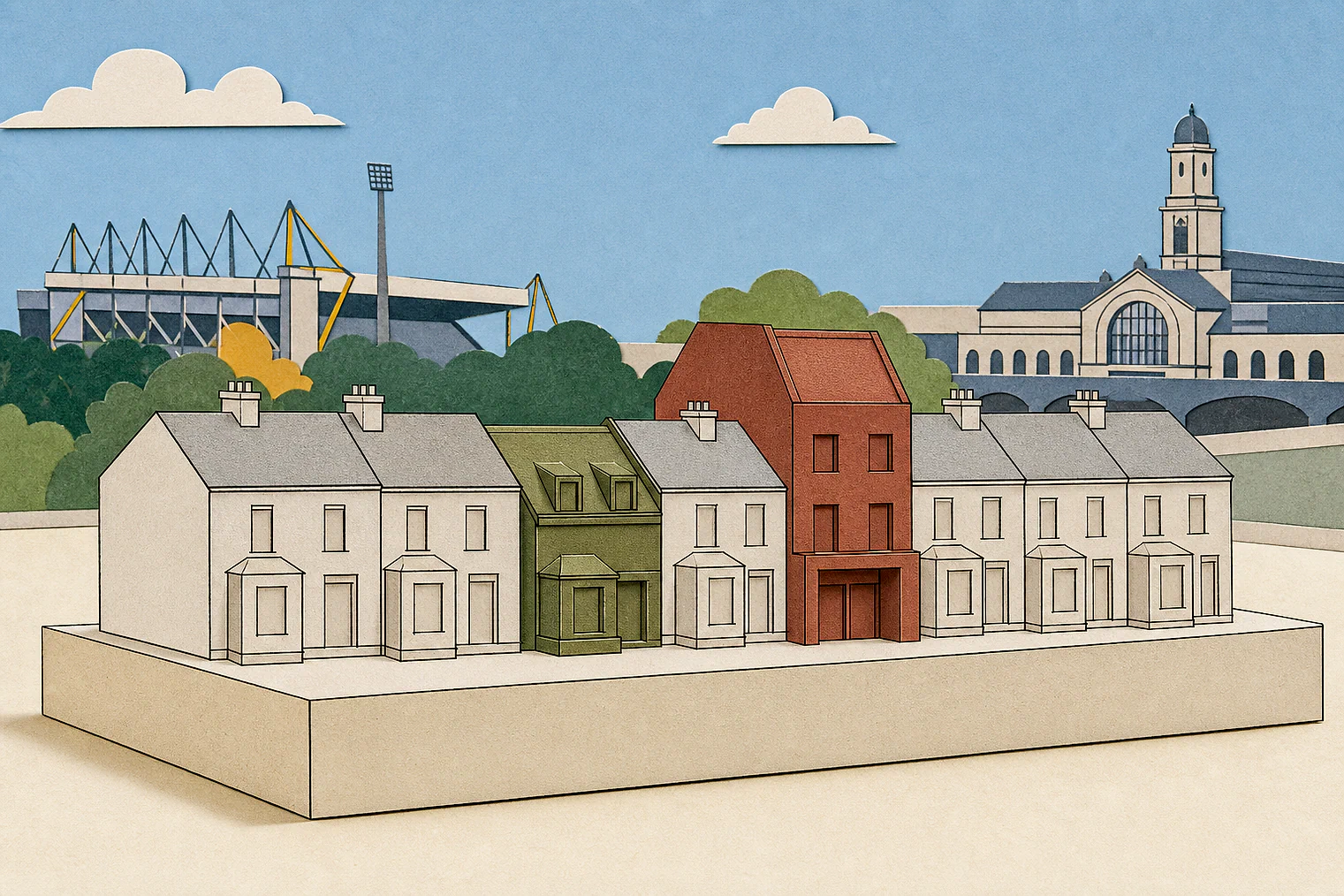 Cut-paper illustration of an imaginary character, scale and appearance planning issue in Middlesbrough, with simplified local landmarks.