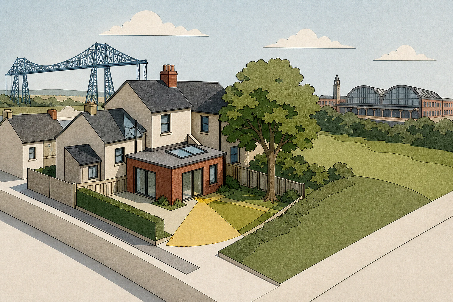 Cut-paper planning illustration for Middlesbrough, showing extensions, neighbours, access and open land near simplified local landmarks.