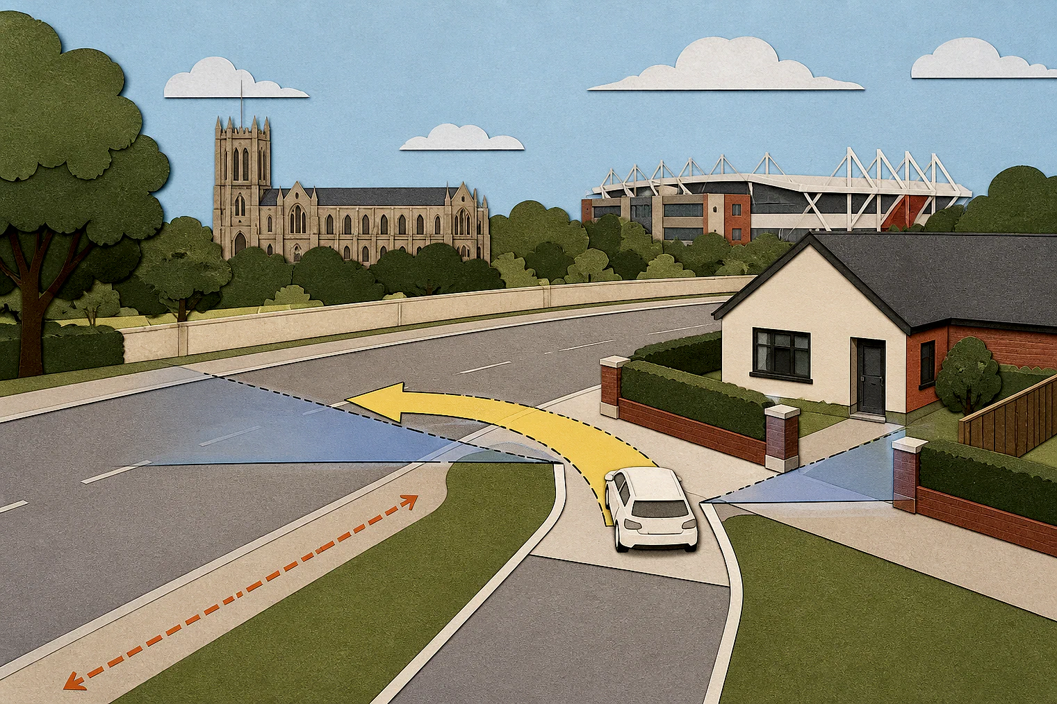 Cut-paper illustration of an imaginary access, visibility and highway safety planning issue in Middlesbrough, with simplified local landmarks.