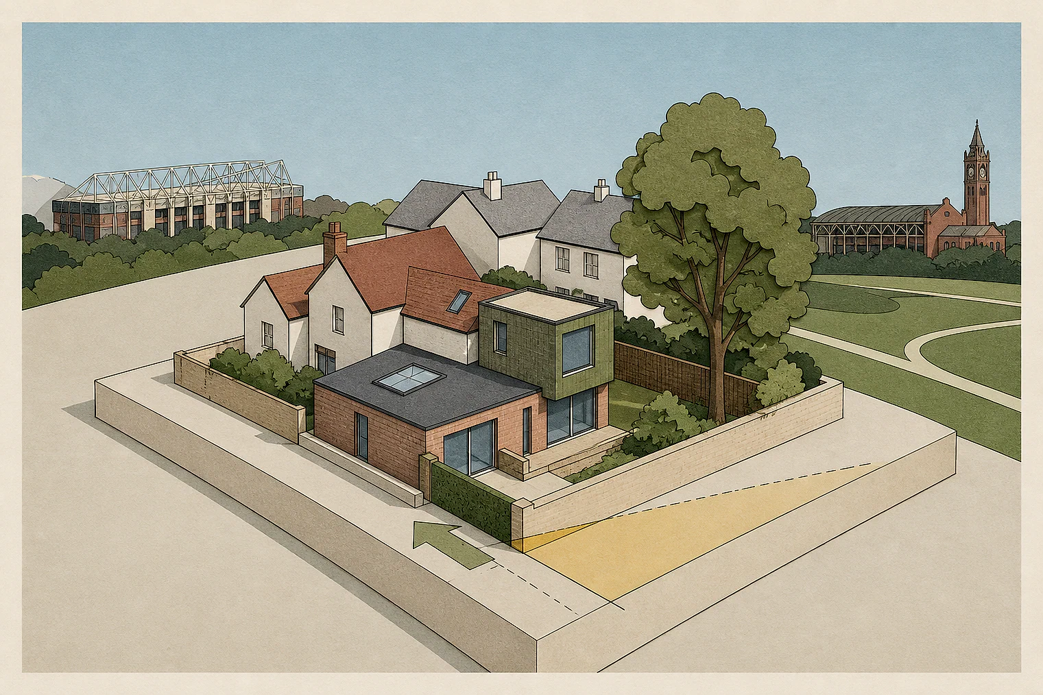 Cut-paper planning illustration for Middlesbrough, showing extensions, neighbours, access and open land near simplified local landmarks.