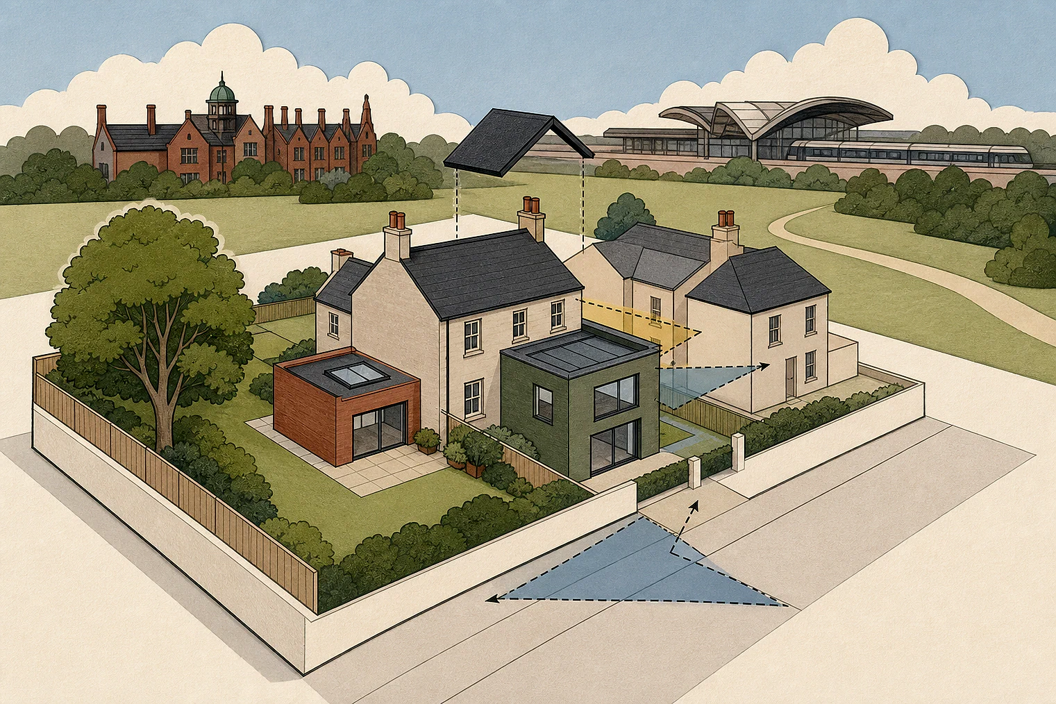 Cut-paper planning illustration for Milton Keynes, showing extensions, neighbours, access and open land near simplified local landmarks.
