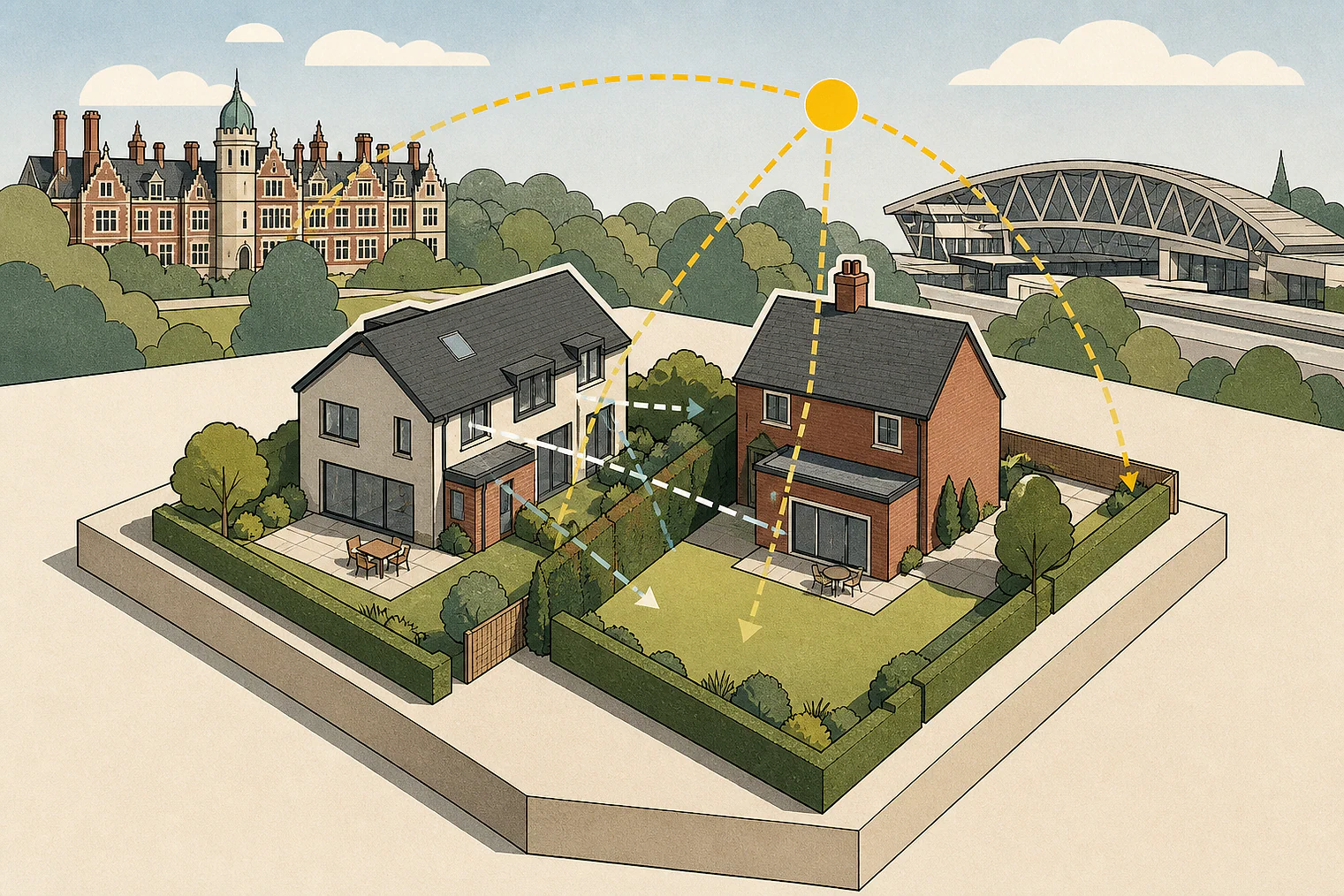 Cut-paper illustration of an imaginary privacy, daylight and neighbour living conditions planning issue in Milton Keynes, with simplified local landmarks.
