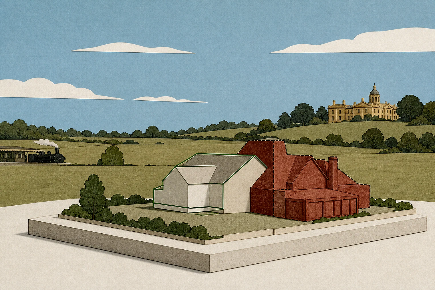 Cut-paper illustration of an imaginary building scale and Green Belt openness planning issue in Mole Valley, with simplified local landmarks.