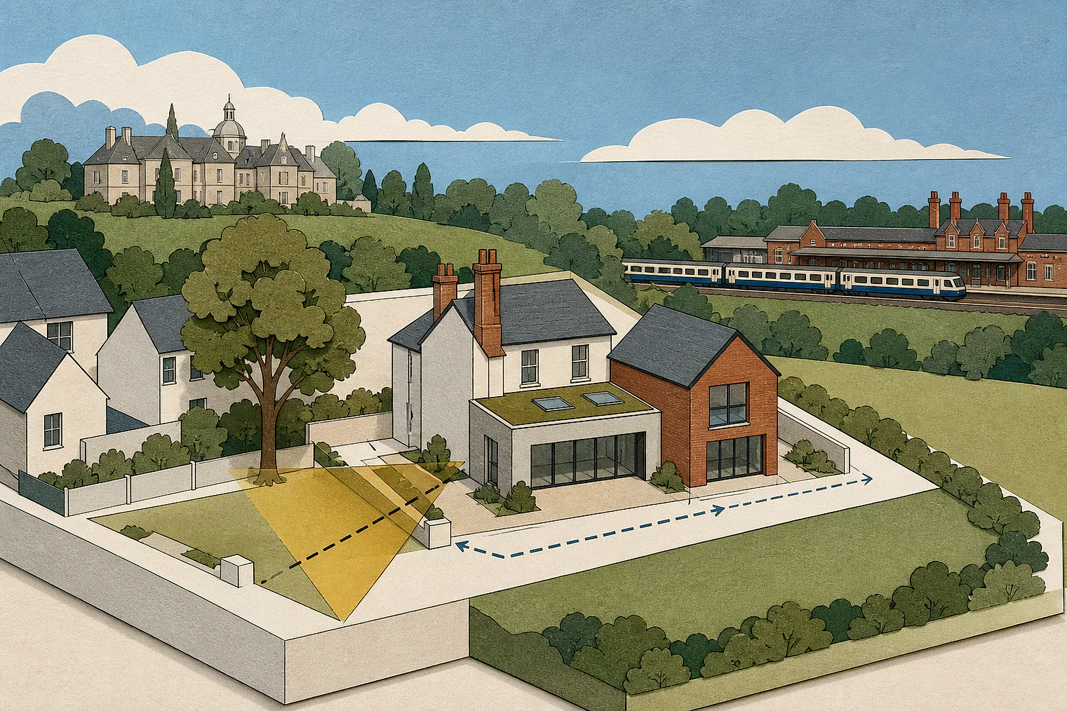 Cut-paper planning illustration for Mole Valley, showing extensions, neighbours, access and open land near simplified local landmarks.