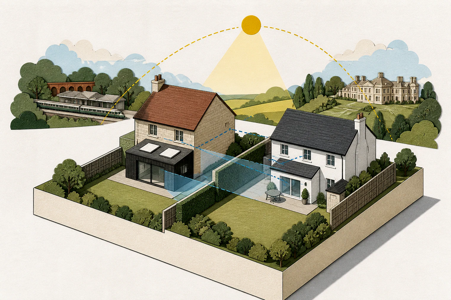 Cut-paper illustration of an imaginary privacy, daylight and neighbour living conditions planning issue in Mole Valley, with simplified local landmarks.