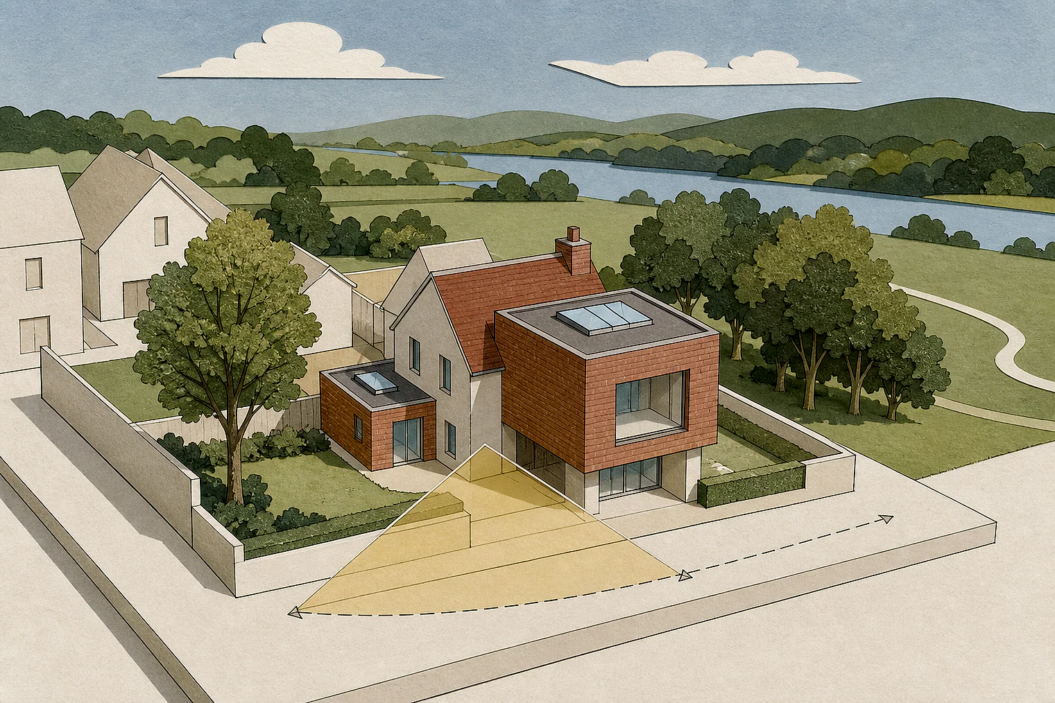 Cut-paper planning illustration for New Forest, showing extensions, neighbours, access and open land near simplified local landmarks.
