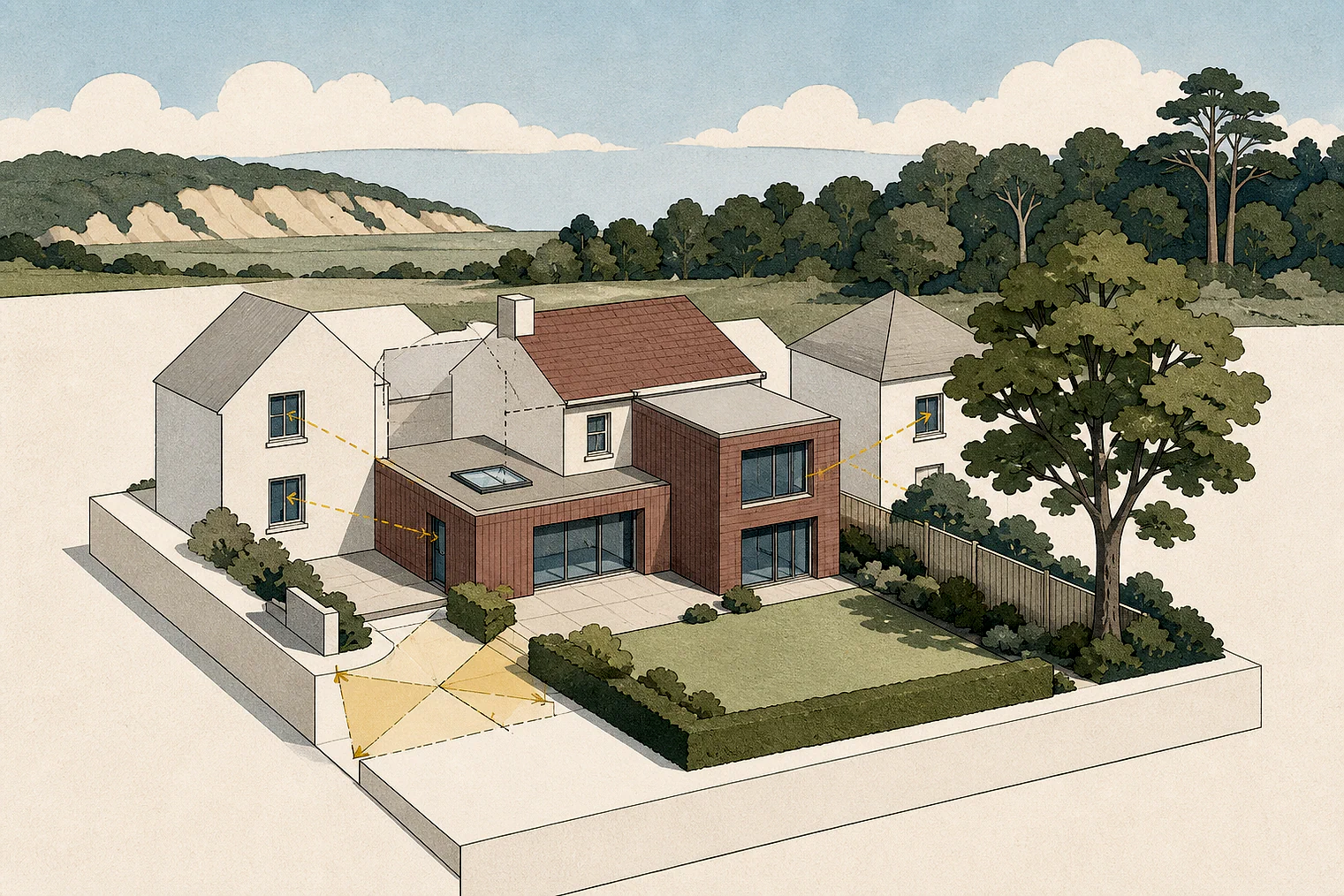 Cut-paper planning illustration for New Forest, showing extensions, neighbours, access and open land near simplified local landmarks.