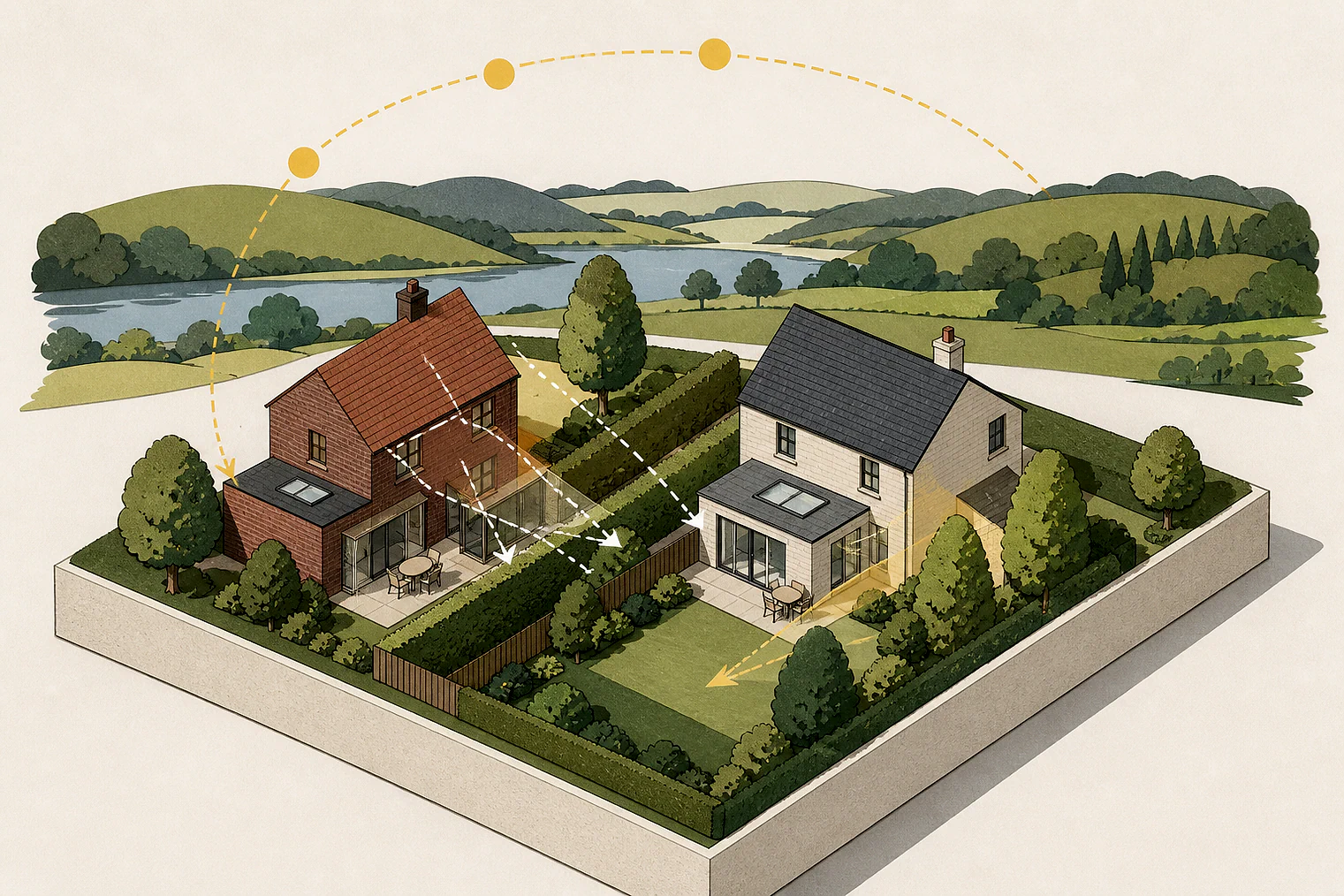 Cut-paper illustration of an imaginary privacy, daylight and neighbour living conditions planning issue in New Forest, with simplified local landmarks.