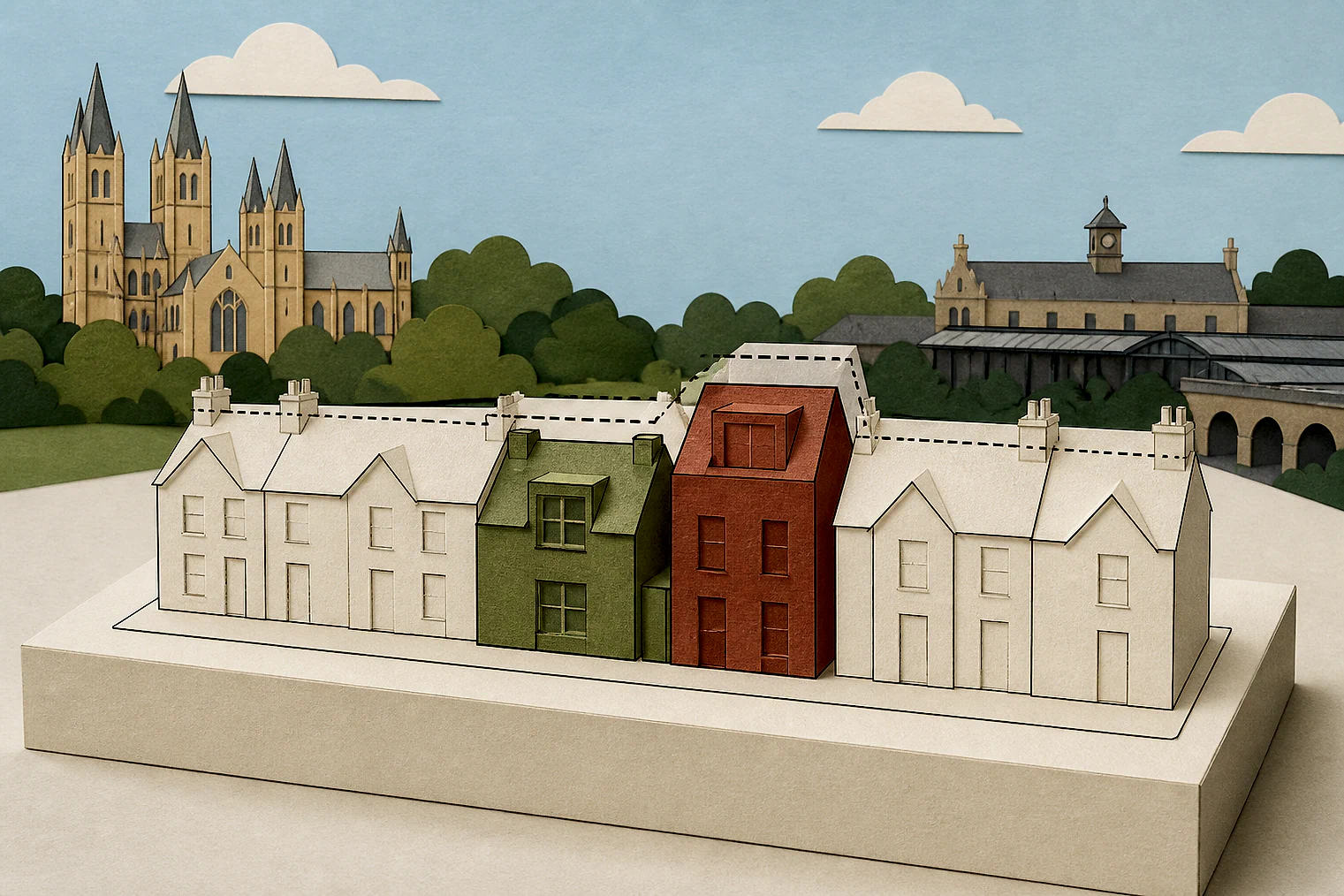 Cut-paper illustration of an imaginary character, scale and appearance planning issue in Newark and Sherwood, with simplified local landmarks.