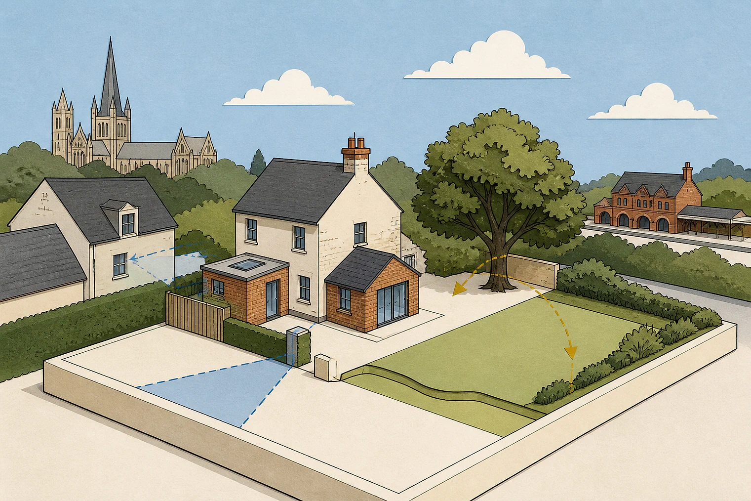 Cut-paper planning illustration for Newark and Sherwood, showing extensions, neighbours, access and open land near simplified local landmarks.