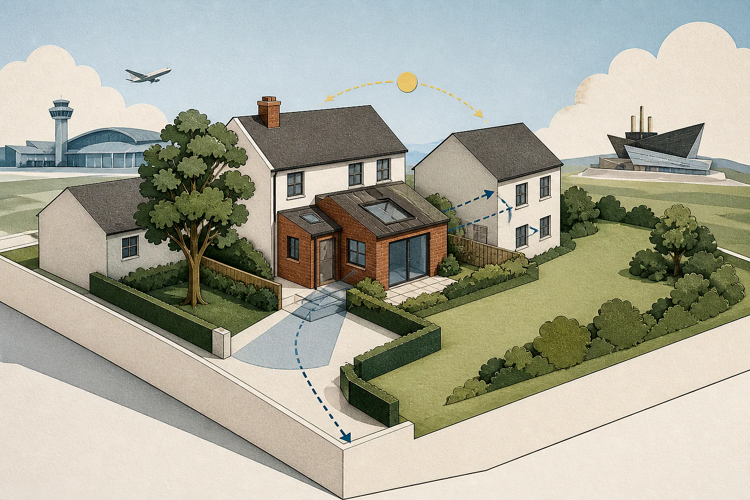 Cut-paper planning illustration for Newcastle, showing extensions, neighbours, access and open land near simplified local landmarks.