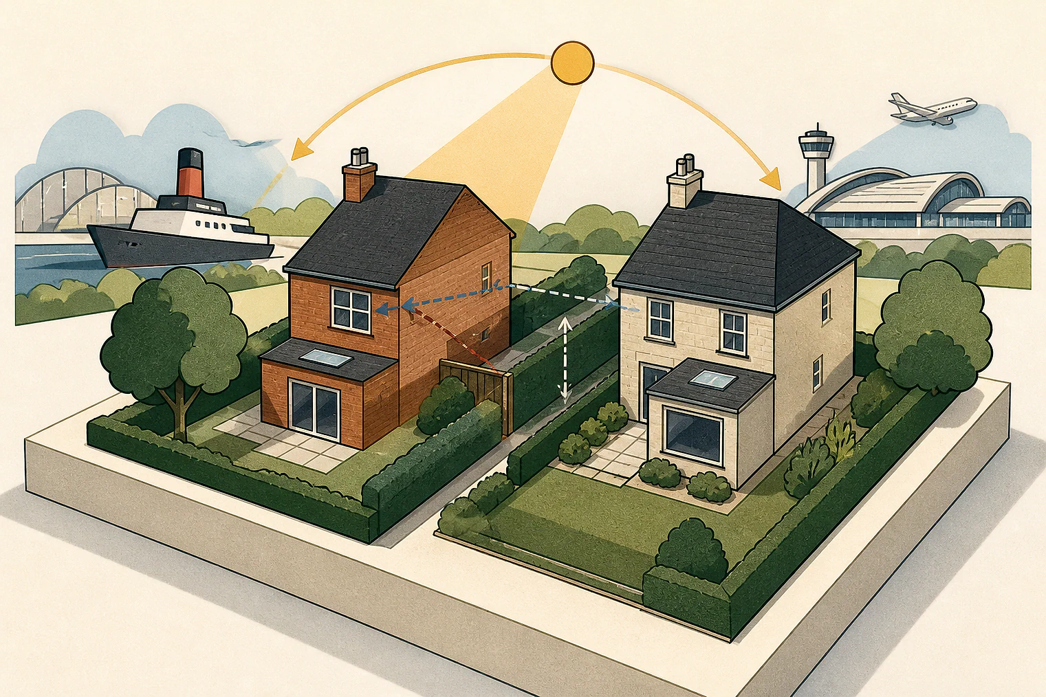 Cut-paper illustration of an imaginary privacy, daylight and neighbour living conditions planning issue in Newcastle, with simplified local landmarks.