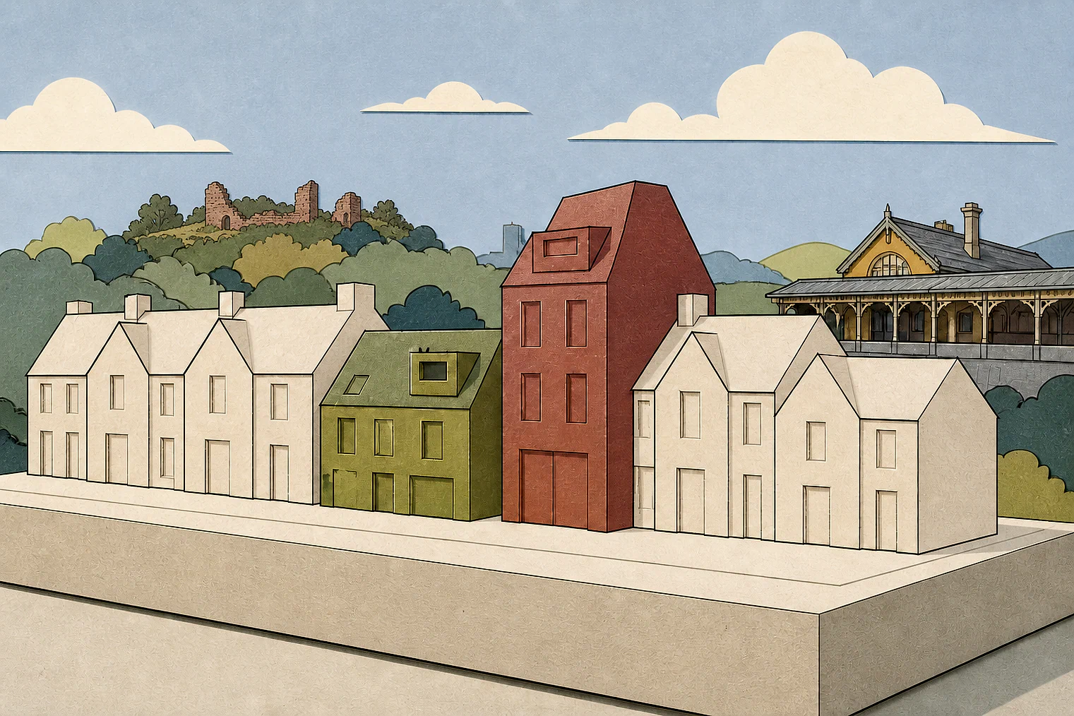 Cut-paper illustration of an imaginary character, scale and appearance planning issue in Newcastle-under-Lyme, with simplified local landmarks.