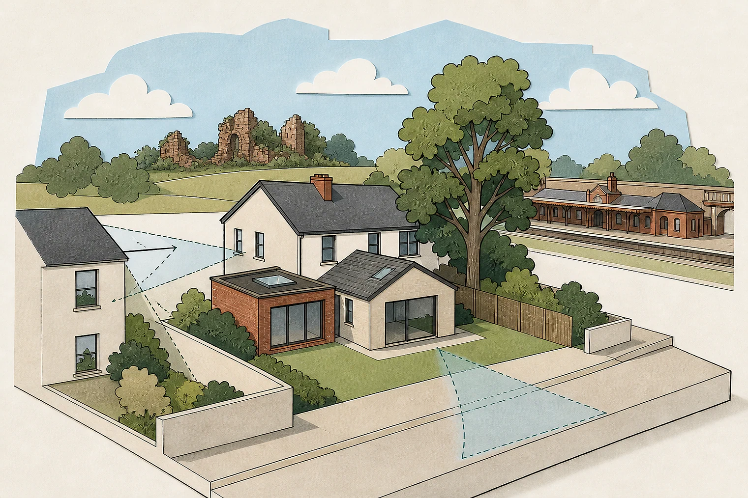 Cut-paper planning illustration for Newcastle-under-Lyme, showing extensions, neighbours, access and open land near simplified local landmarks.