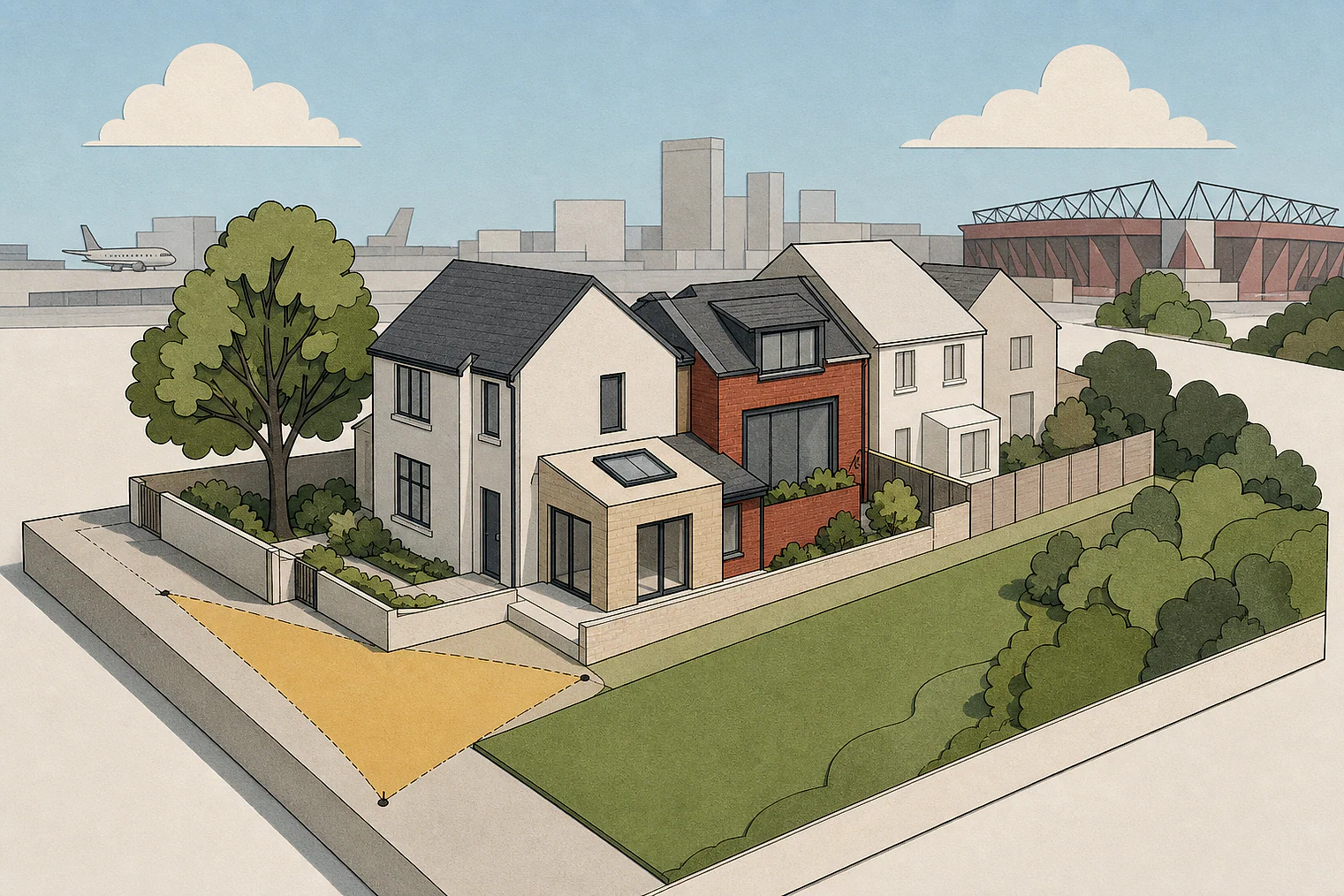 Cut-paper planning illustration for Newham, showing extensions, neighbours, access and open land near simplified local landmarks.