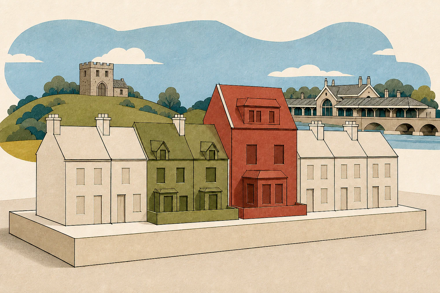 Cut-paper illustration of an imaginary character, scale and appearance planning issue in North Devon, with simplified local landmarks.