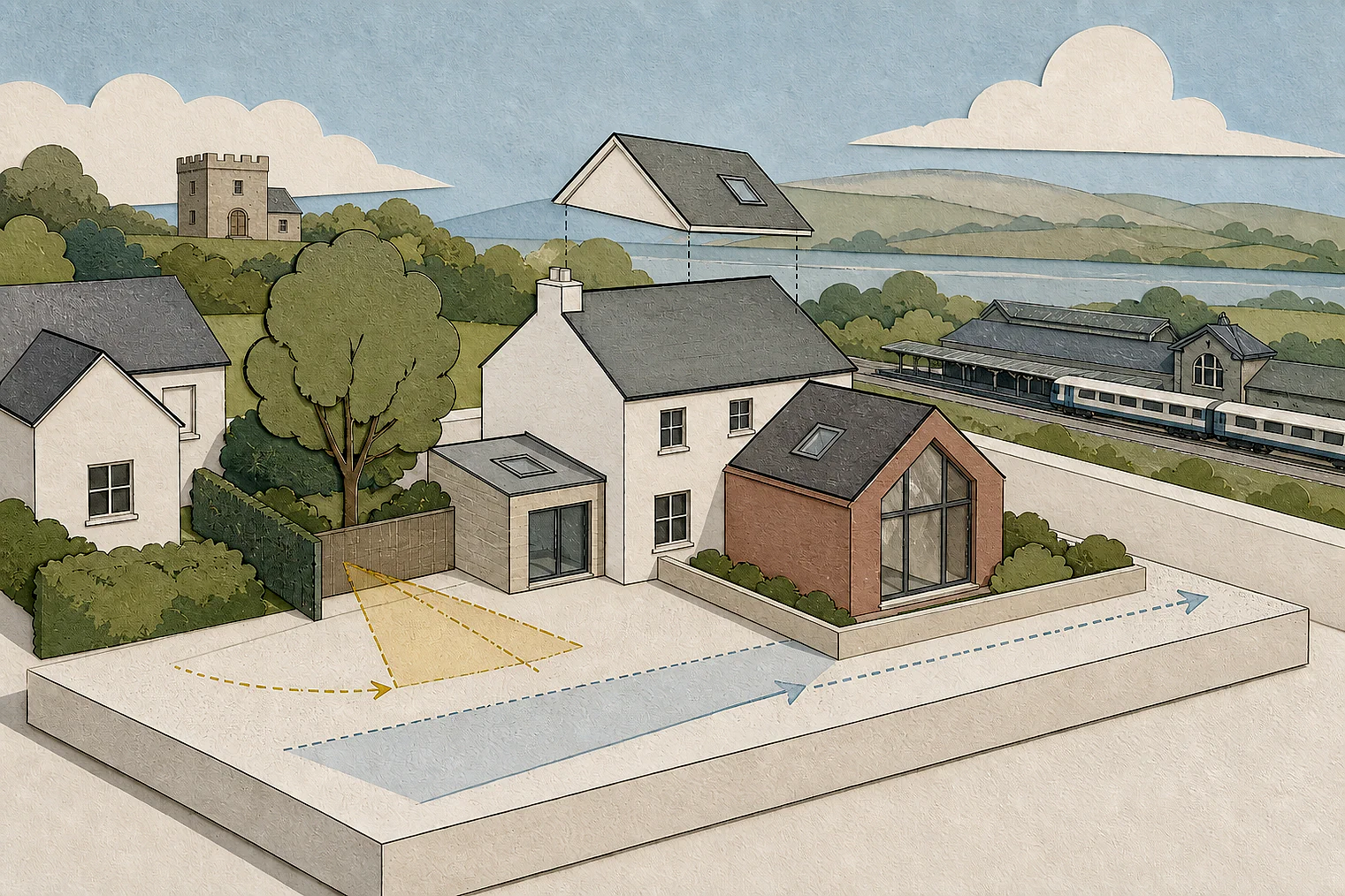 Cut-paper planning illustration for North Devon, showing extensions, neighbours, access and open land near simplified local landmarks.