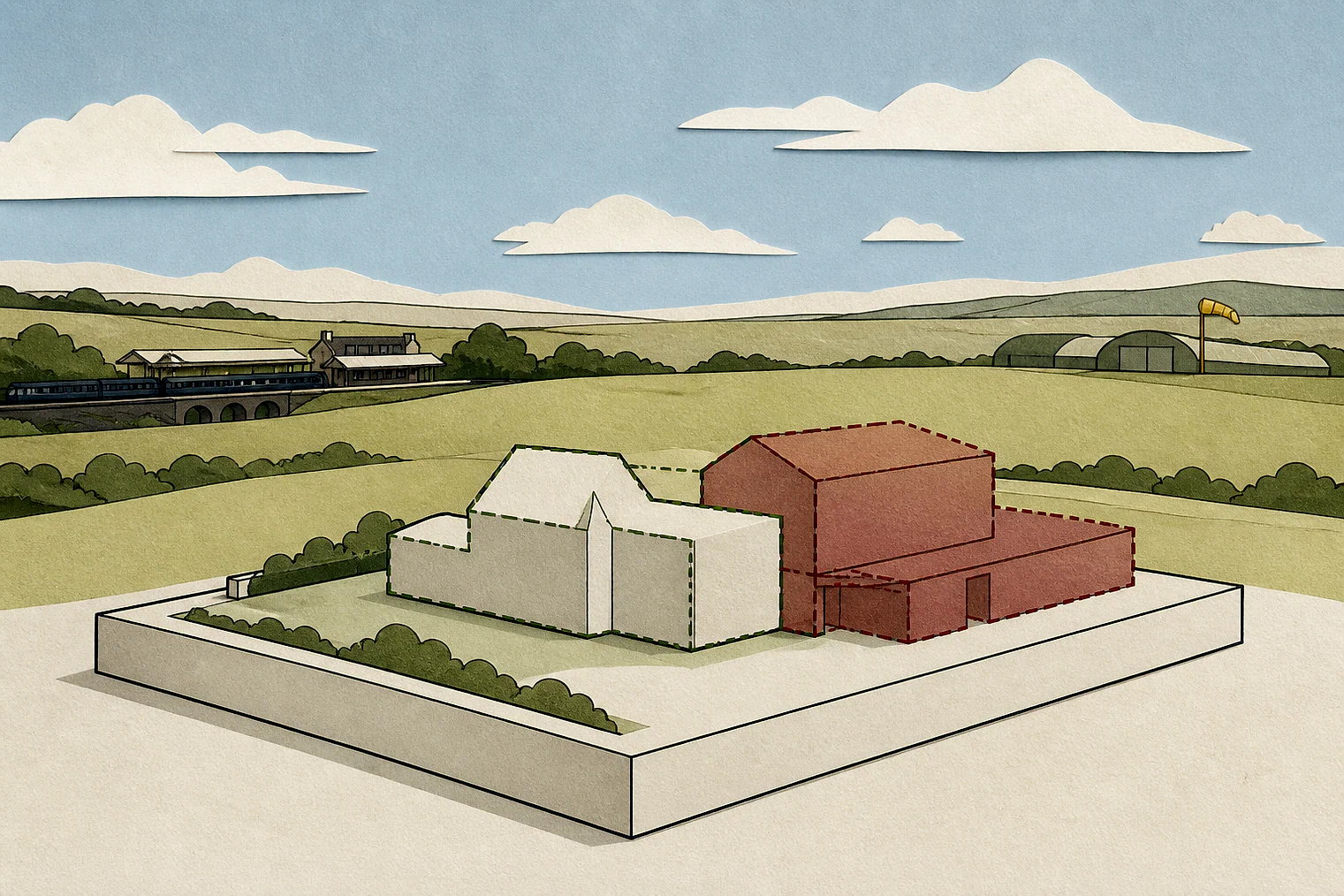 Cut-paper illustration of an imaginary building scale and Green Belt openness planning issue in North East Derbyshire, with simplified local landmarks.