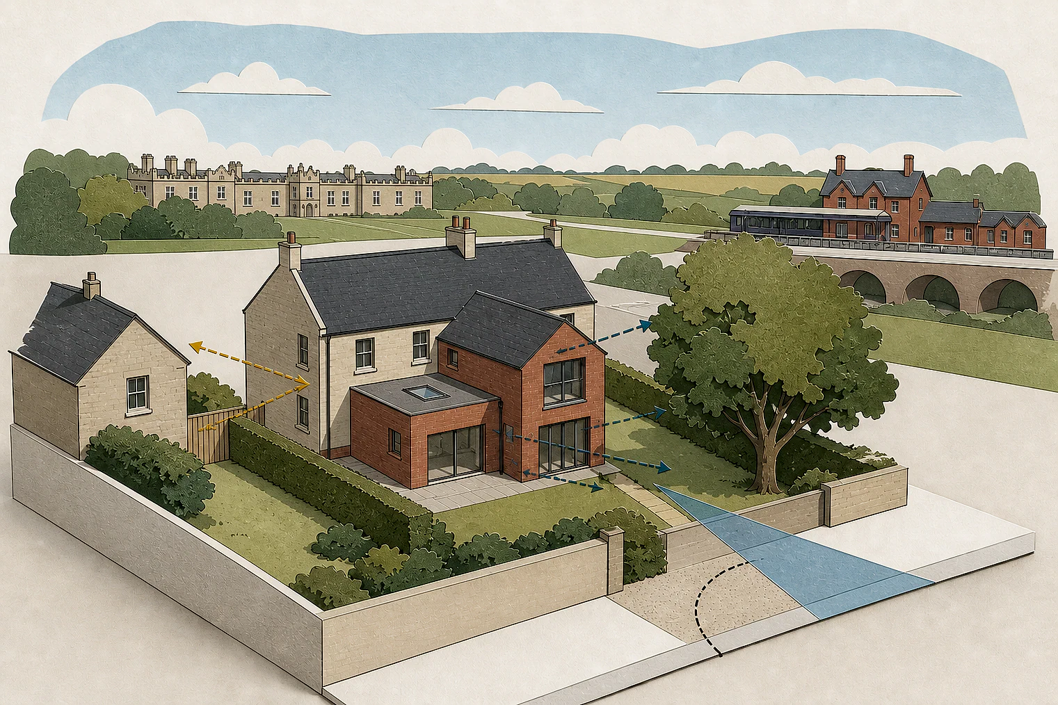 Cut-paper planning illustration for North East Derbyshire, showing extensions, neighbours, access and open land near simplified local landmarks.