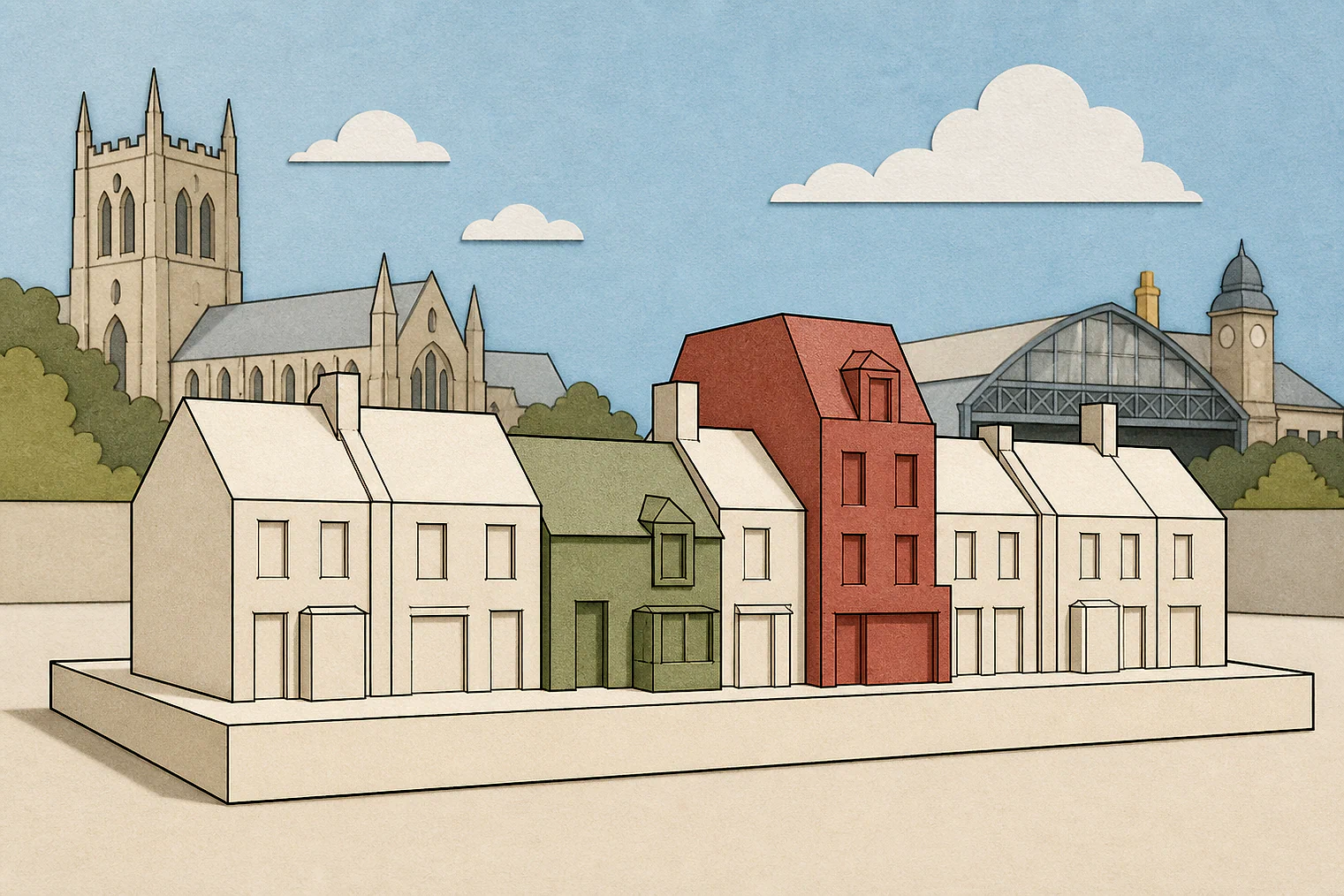 Cut-paper illustration of an imaginary character, scale and appearance planning issue in North East Lincolnshire, with simplified local landmarks.