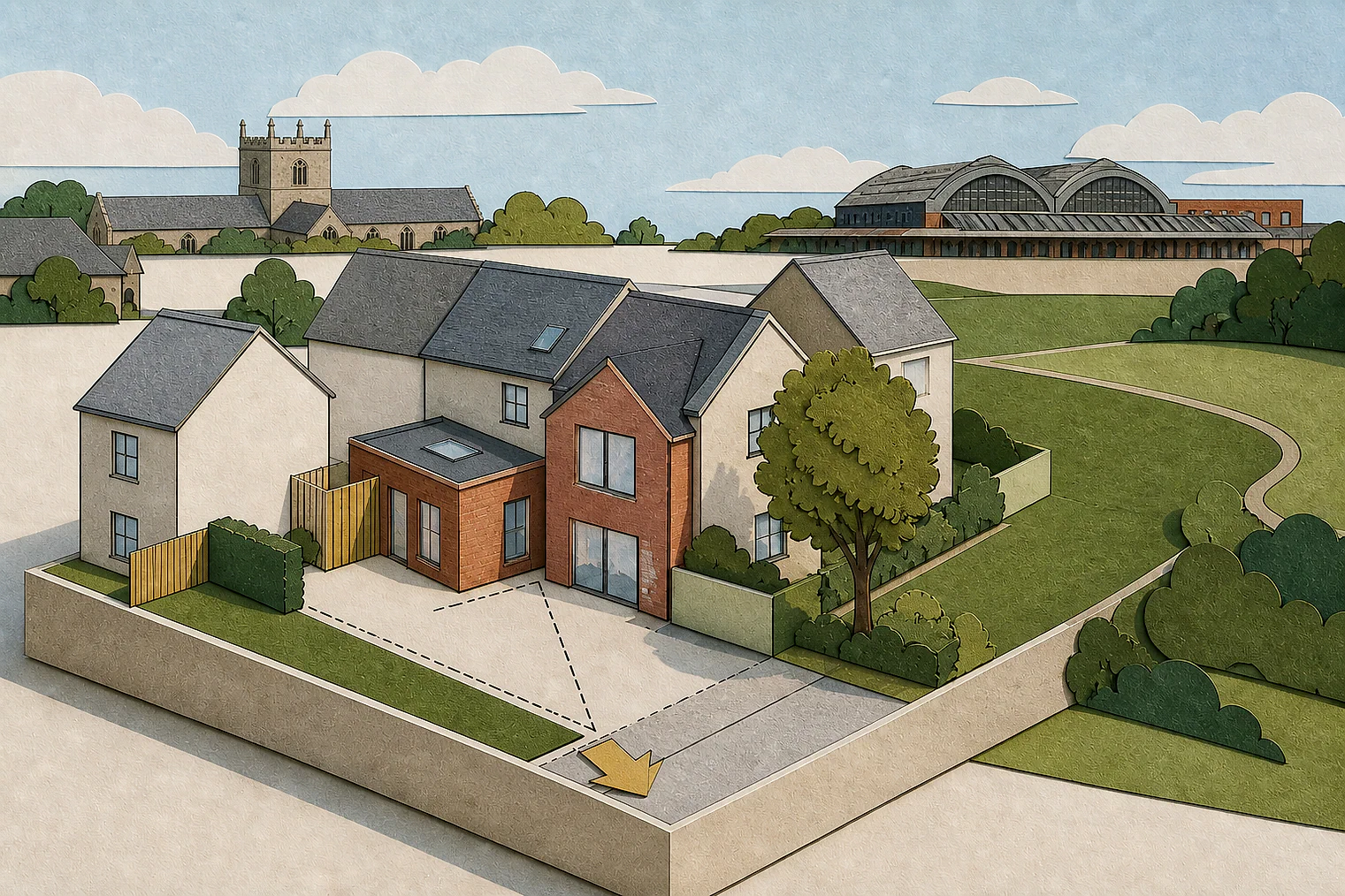 Cut-paper planning illustration for North East Lincolnshire, showing extensions, neighbours, access and open land near simplified local landmarks.