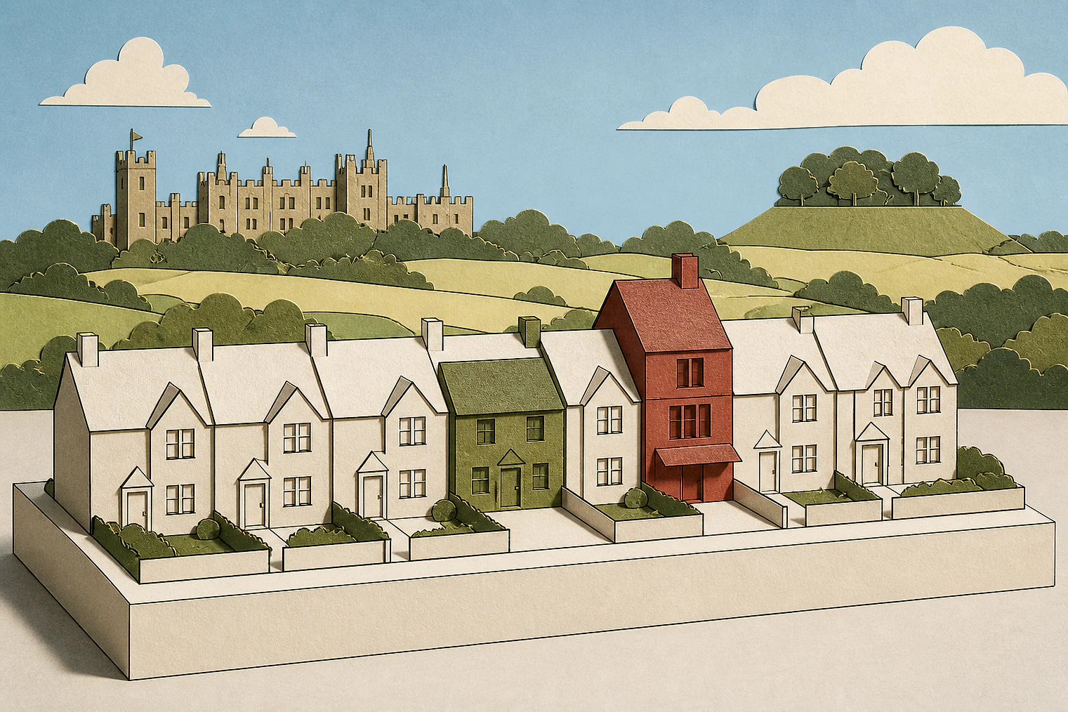 Cut-paper illustration of an imaginary character, scale and appearance planning issue in North Hertfordshire, with simplified local landmarks.
