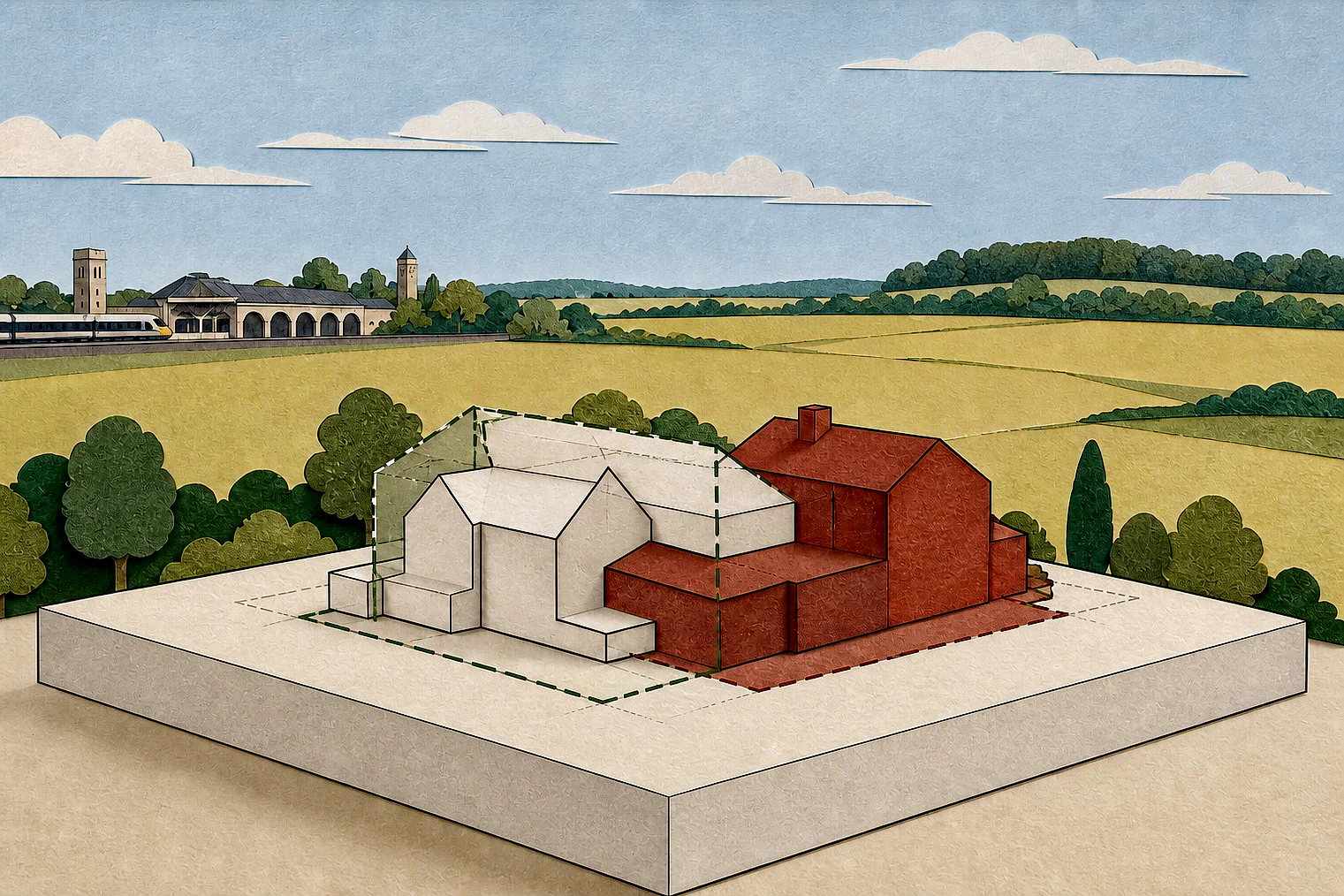 Cut-paper illustration of an imaginary building scale and Green Belt openness planning issue in North Hertfordshire, with simplified local landmarks.