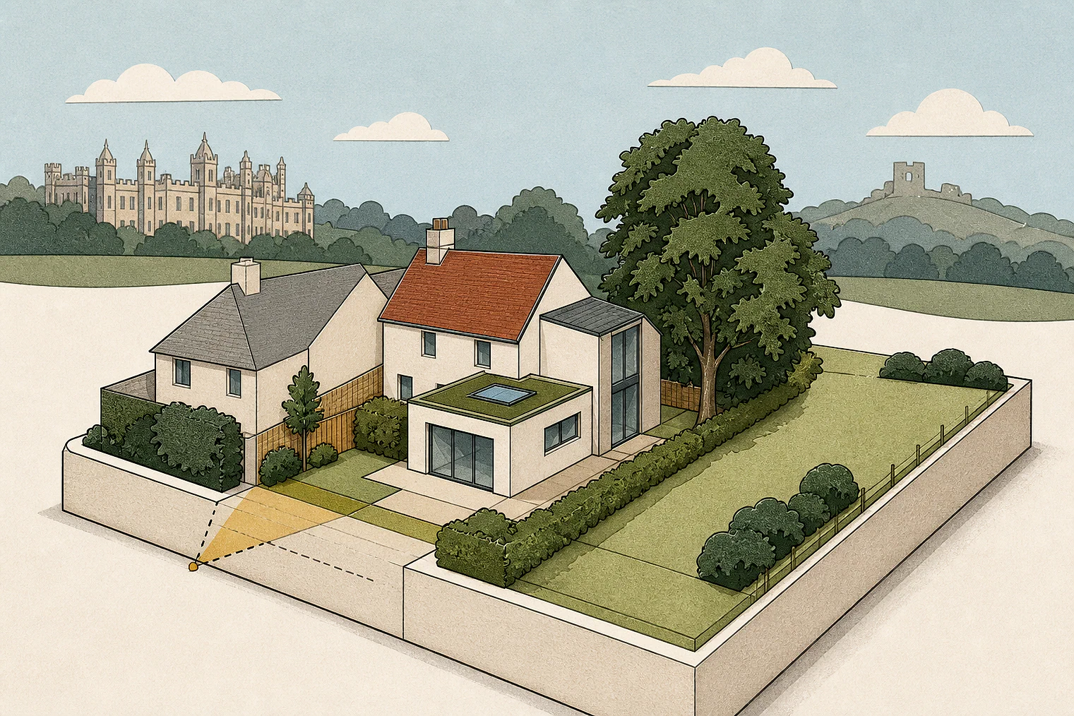 Cut-paper planning illustration for North Hertfordshire, showing extensions, neighbours, access and open land near simplified local landmarks.