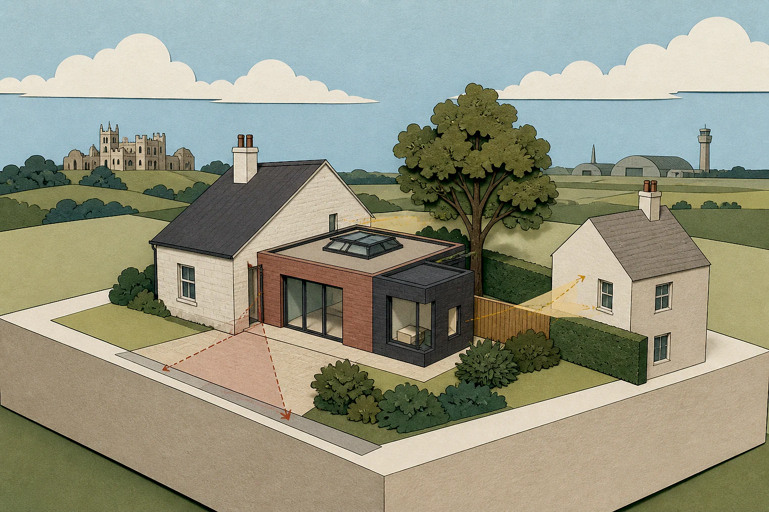 Cut-paper planning illustration for North Kesteven, showing extensions, neighbours, access and open land near simplified local landmarks.