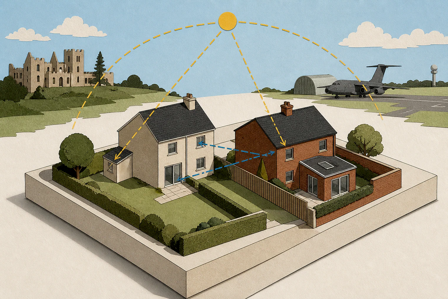 Cut-paper illustration of an imaginary privacy, daylight and neighbour living conditions planning issue in North Kesteven, with simplified local landmarks.