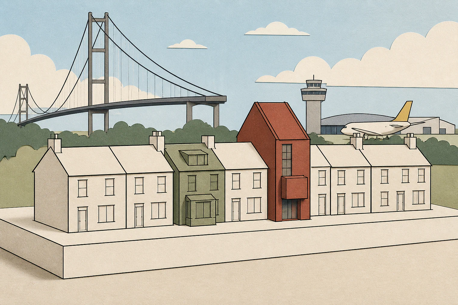 Cut-paper illustration of an imaginary character, scale and appearance planning issue in North Lincolnshire, with simplified local landmarks.