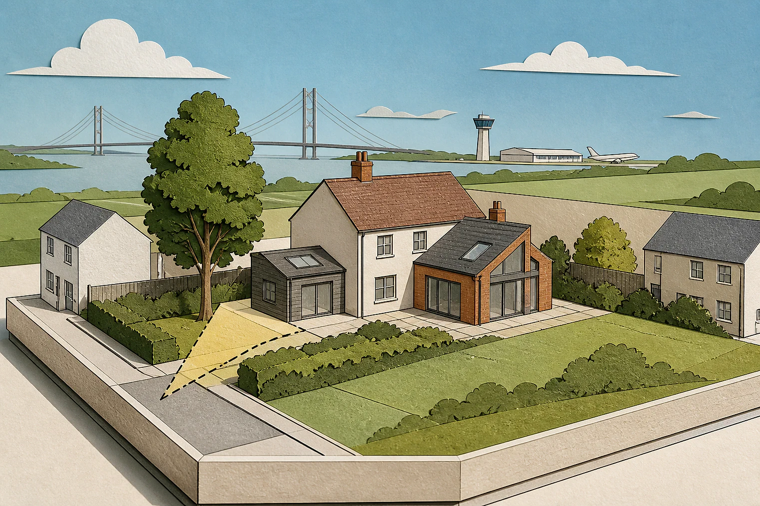 Cut-paper planning illustration for North Lincolnshire, showing extensions, neighbours, access and open land near simplified local landmarks.