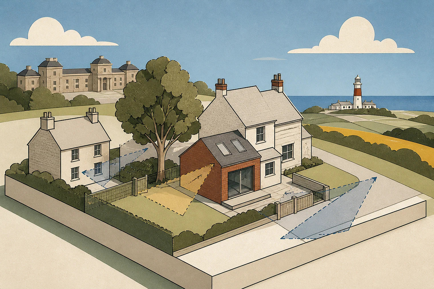 Cut-paper planning illustration for North Norfolk, showing extensions, neighbours, access and open land near simplified local landmarks.