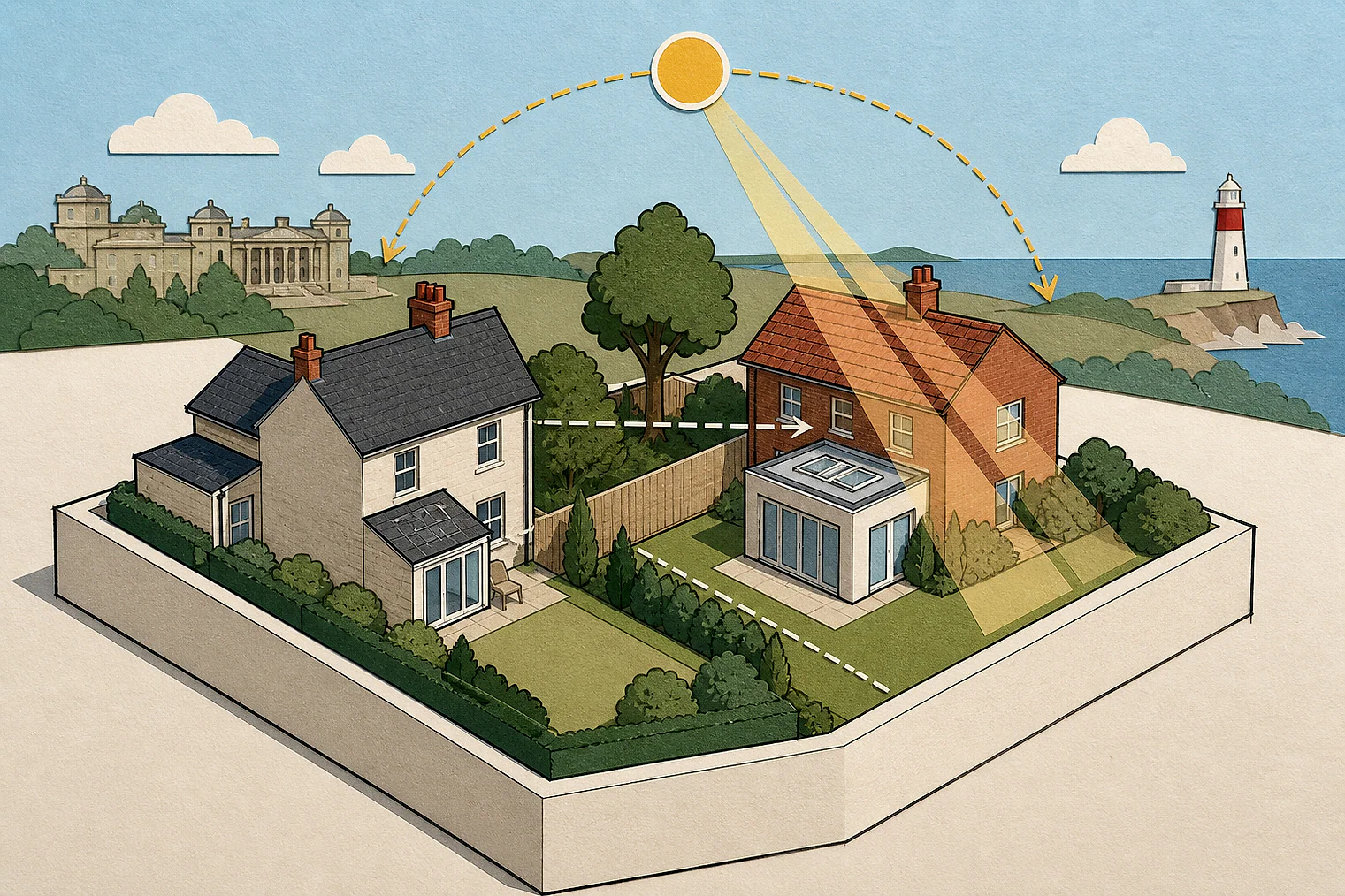 Cut-paper illustration of an imaginary privacy, daylight and neighbour living conditions planning issue in North Norfolk, with simplified local landmarks.