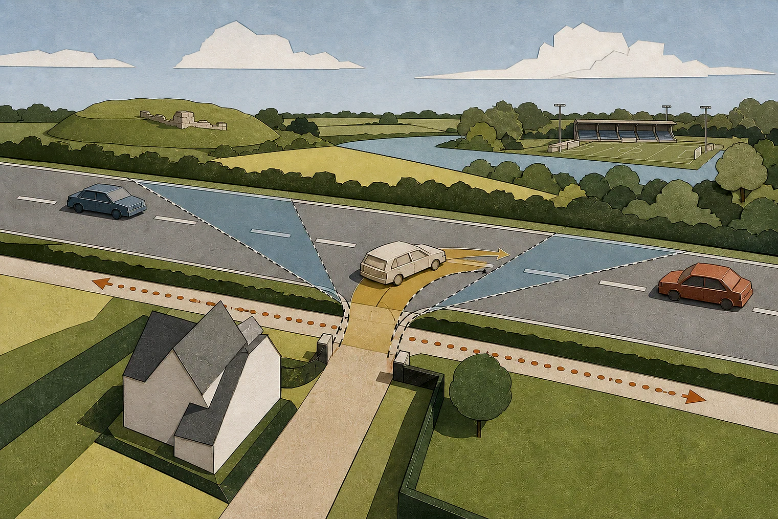 Cut-paper illustration of an imaginary access, visibility and highway safety planning issue in North Northamptonshire, with simplified local landmarks.
