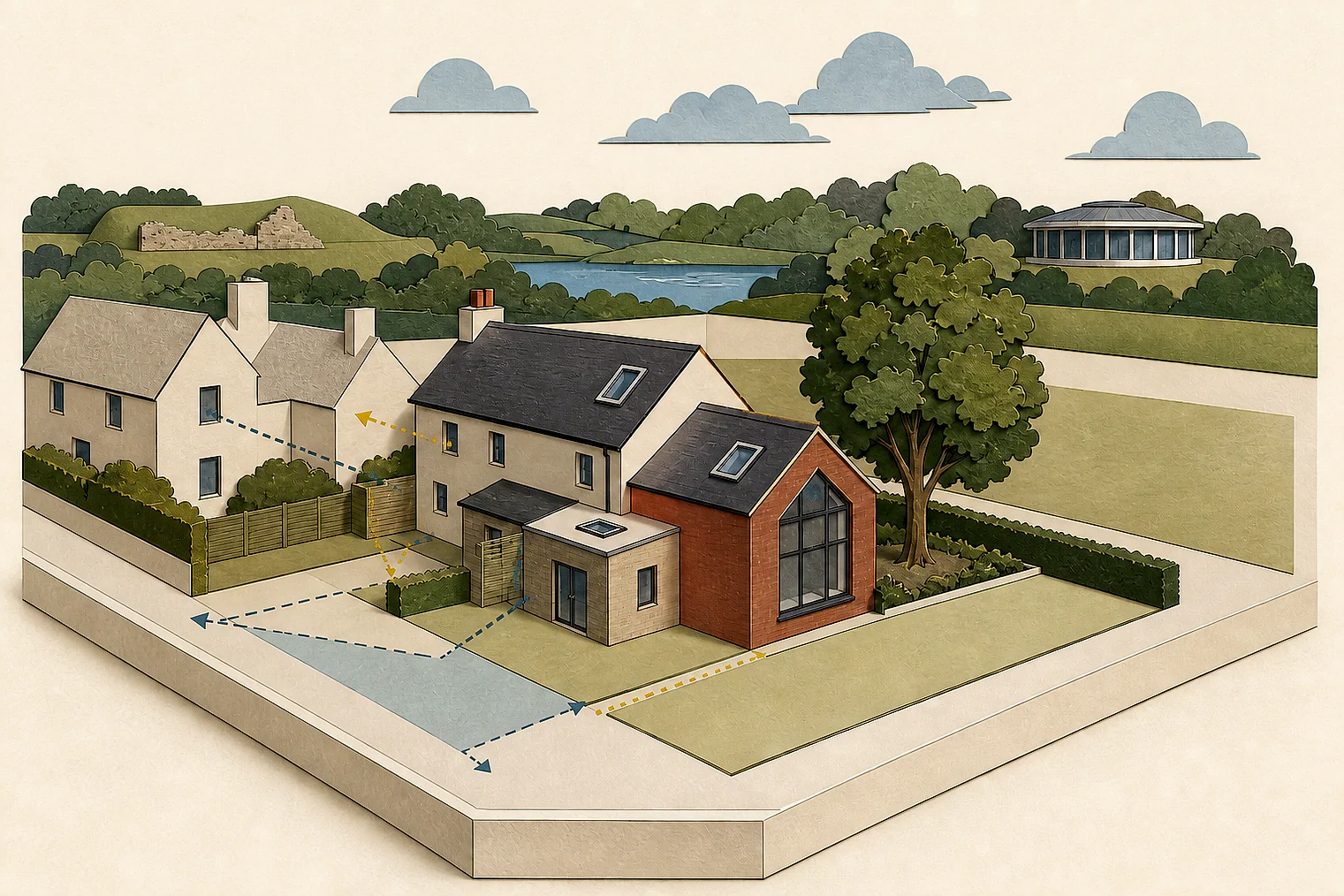 Cut-paper planning illustration for North Northamptonshire, showing extensions, neighbours, access and open land near simplified local landmarks.