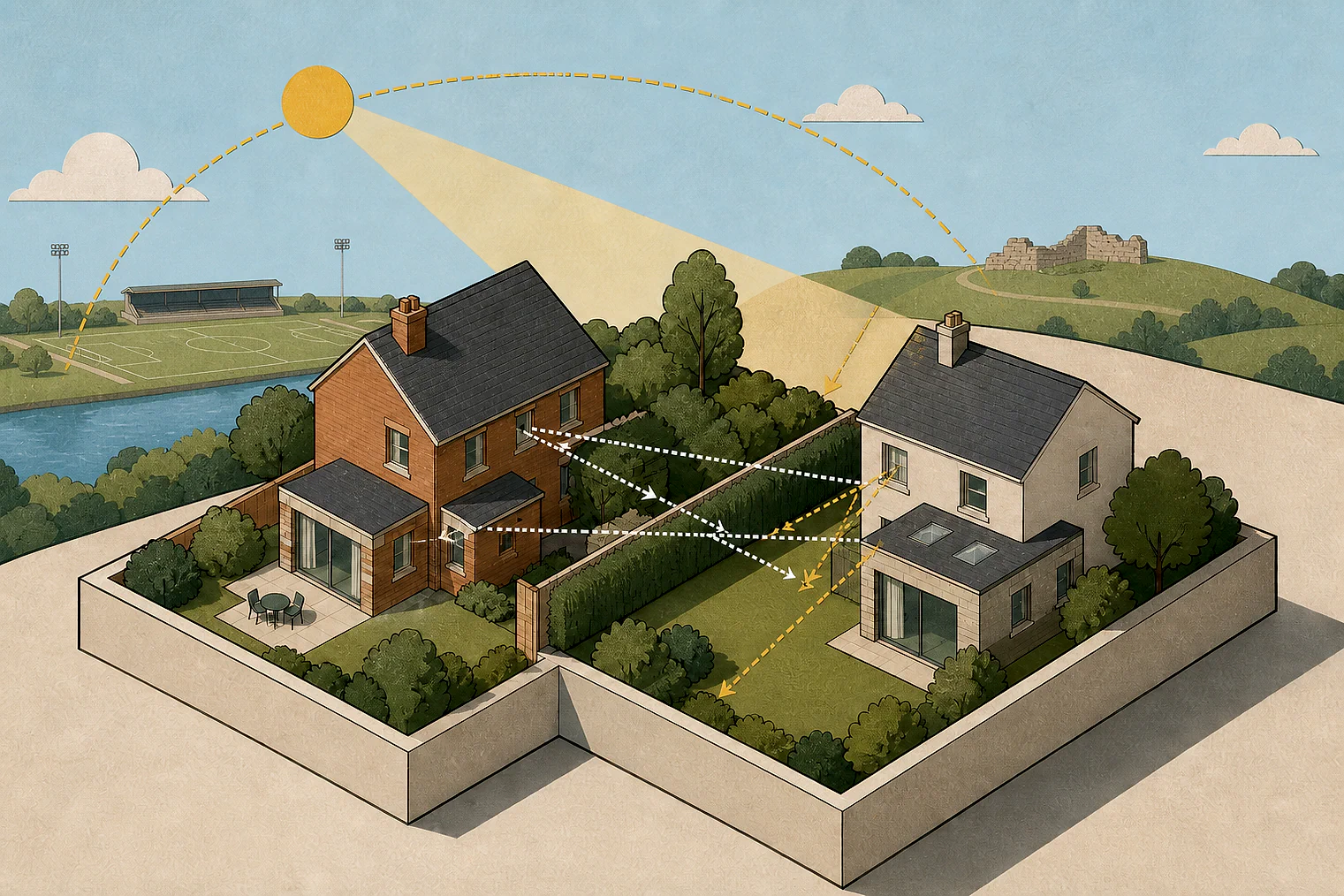Cut-paper illustration of an imaginary privacy, daylight and neighbour living conditions planning issue in North Northamptonshire, with simplified local landmarks.