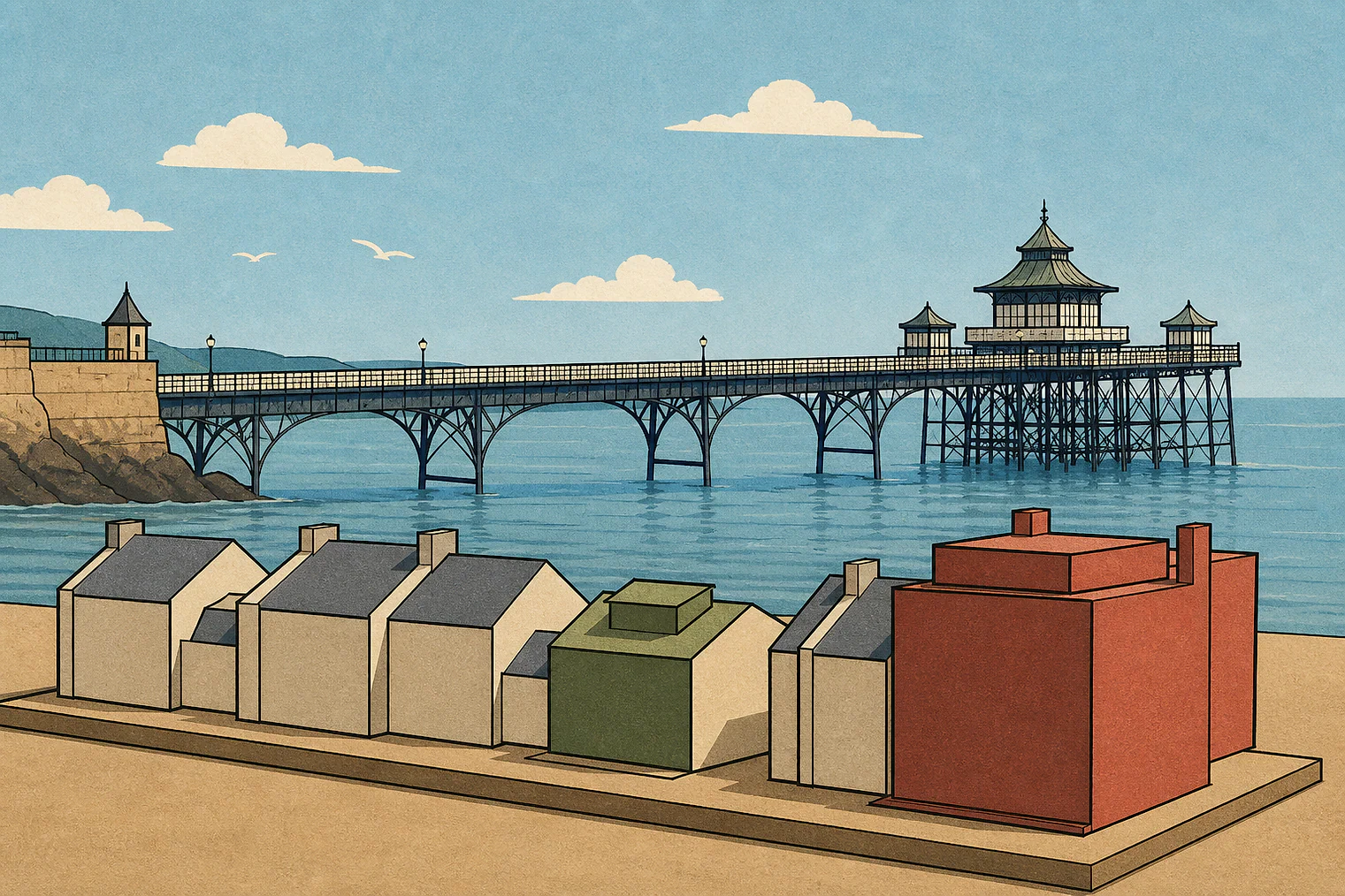 Cartoon of Clevedon Pier above planning massing models comparing scale and fit.
