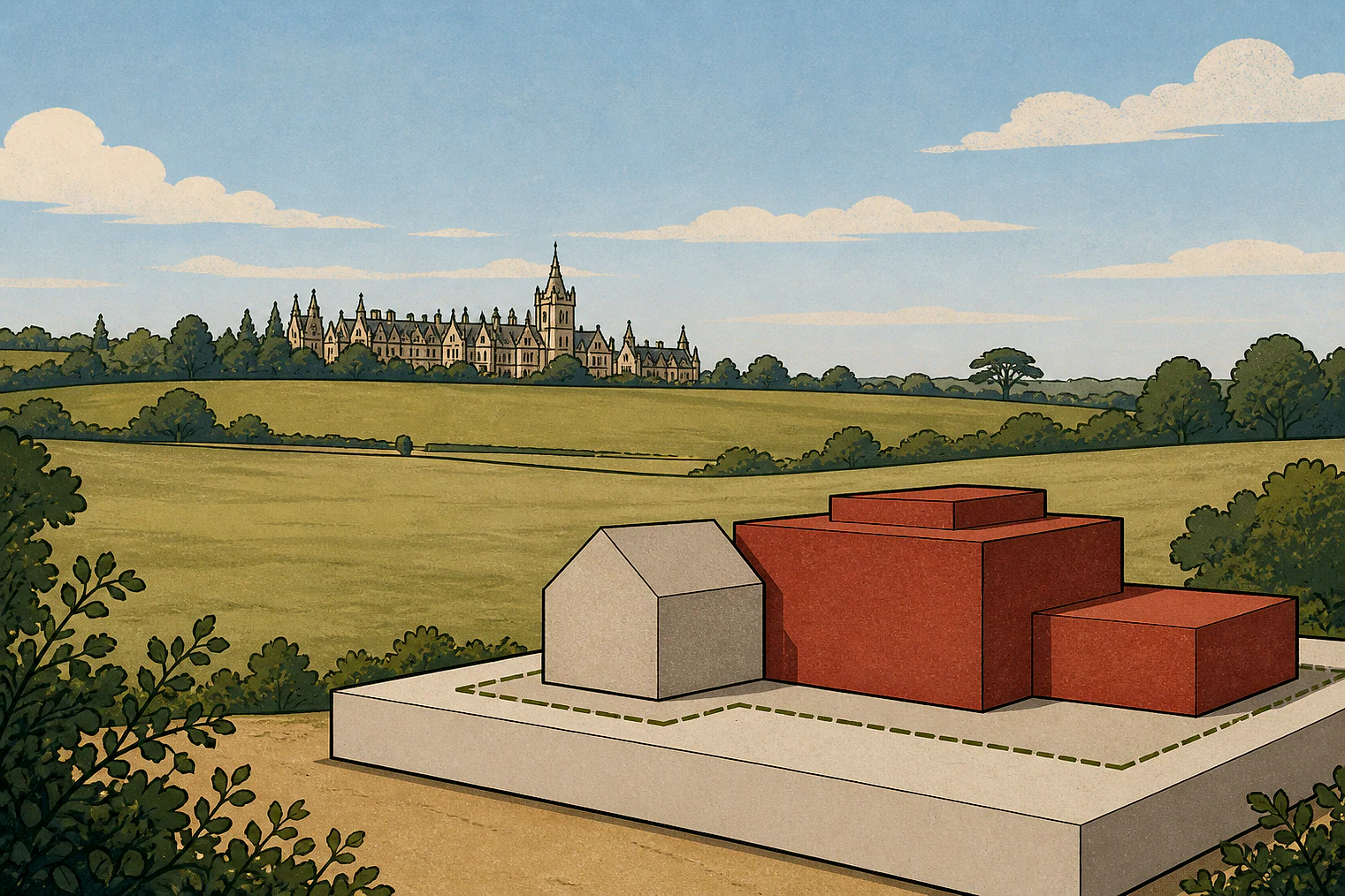 Cartoon of Tyntesfield and open parkland behind a planning model testing scale and openness.