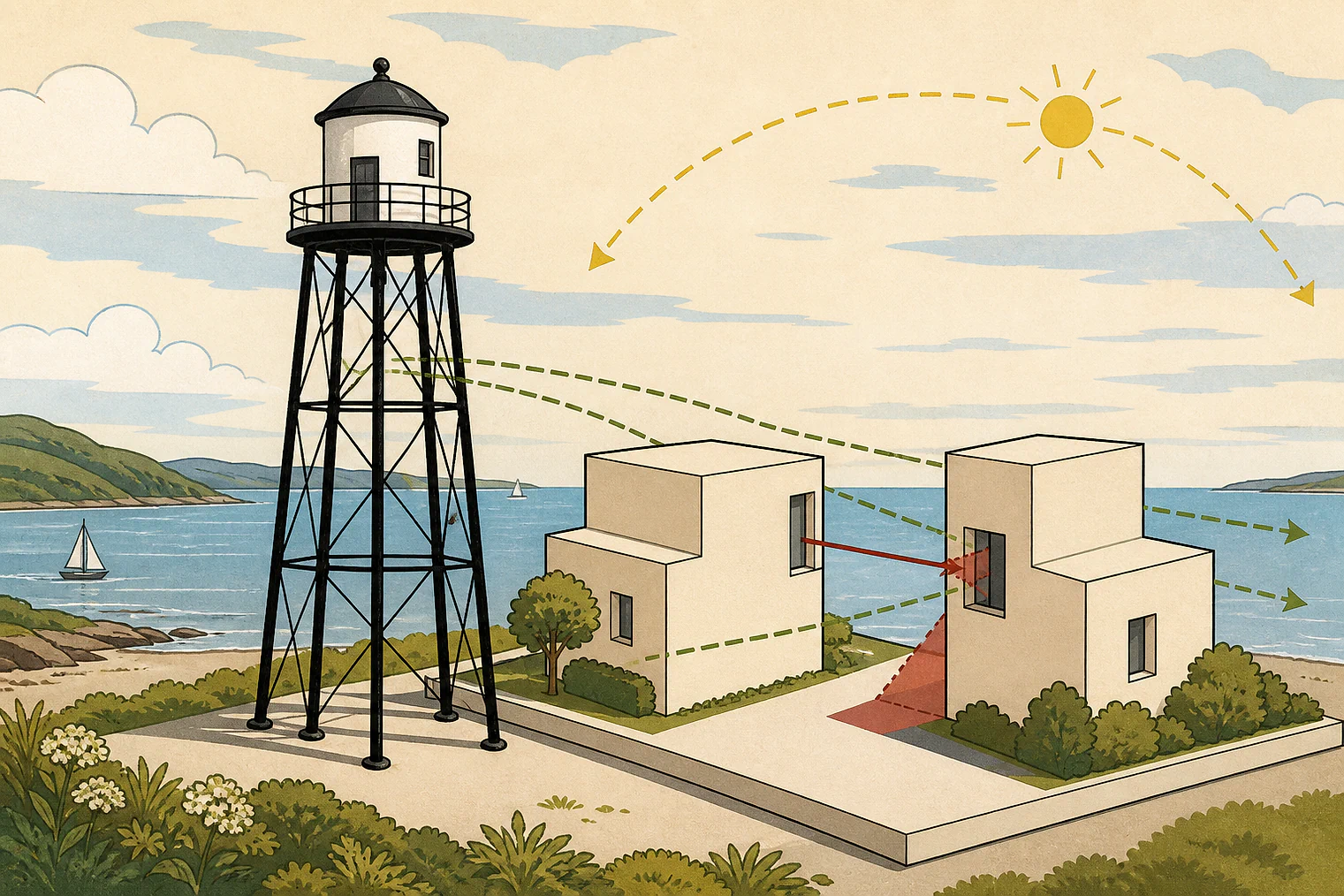 Cartoon of Black Nore Lighthouse beside planning models with daylight and sightlines.