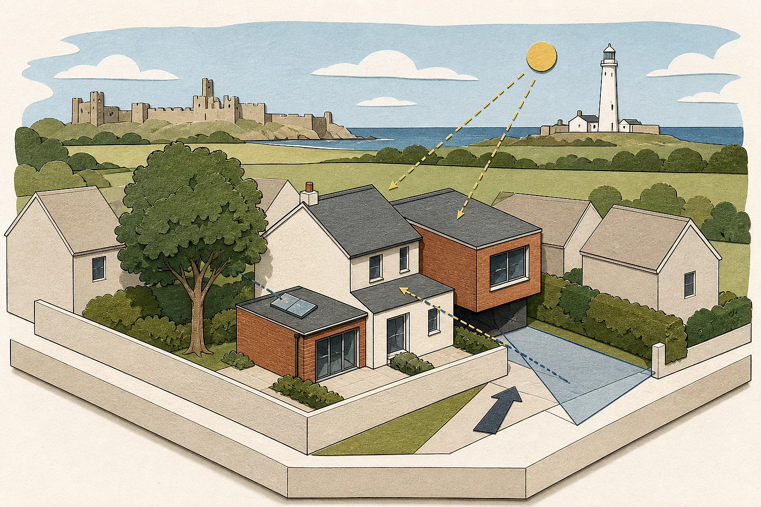 Cut-paper planning illustration for North Tyneside, showing extensions, neighbours, access and open land near simplified local landmarks.