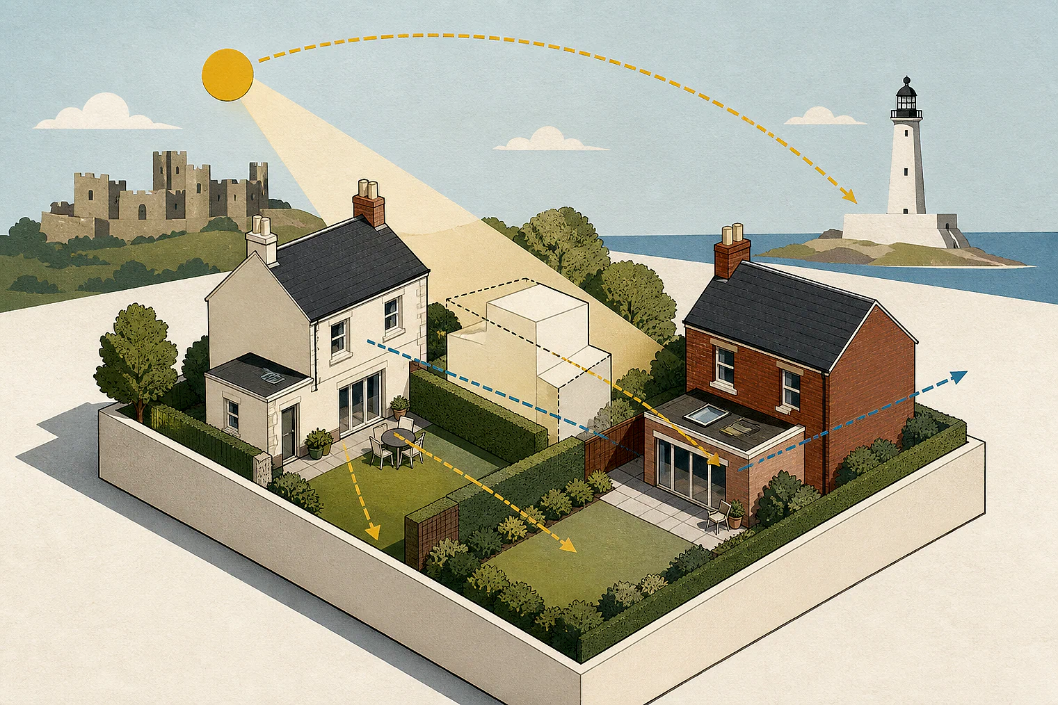 Cut-paper illustration of an imaginary privacy, daylight and neighbour living conditions planning issue in North Tyneside, with simplified local landmarks.