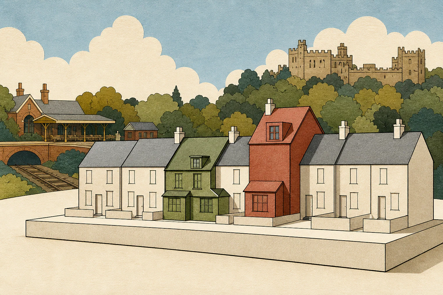 Cut-paper illustration of an imaginary character, scale and appearance planning issue in North Warwickshire, with simplified local landmarks.