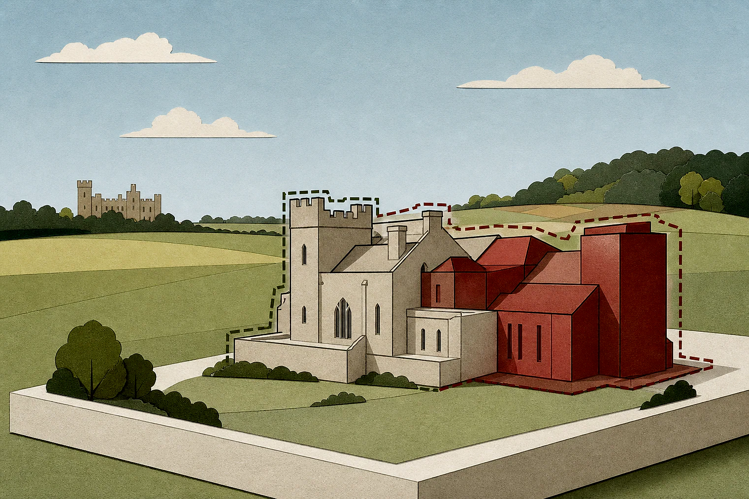 Cut-paper illustration of an imaginary building scale and Green Belt openness planning issue in North Warwickshire, with simplified local landmarks.