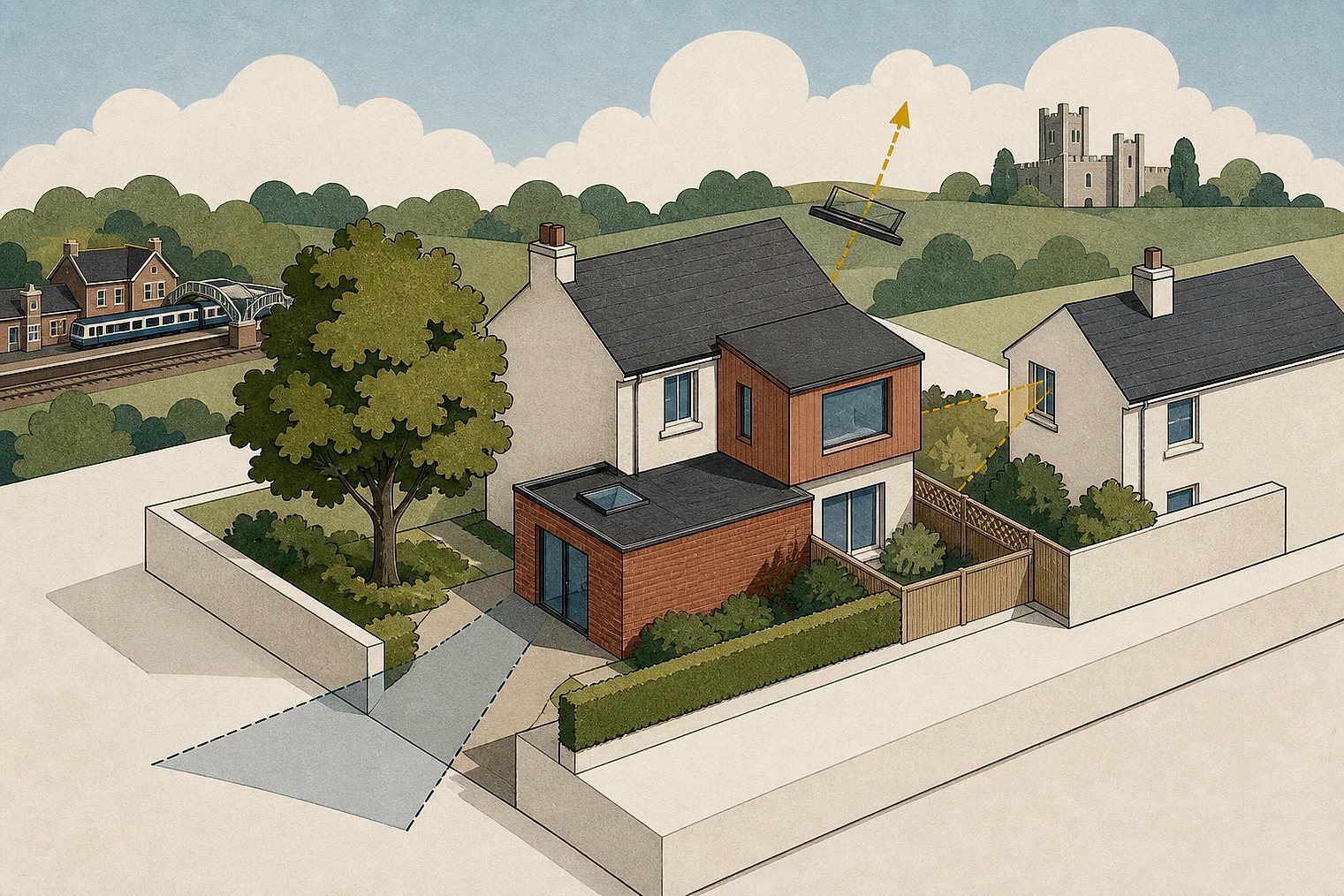 Cut-paper planning illustration for North Warwickshire, showing extensions, neighbours, access and open land near simplified local landmarks.