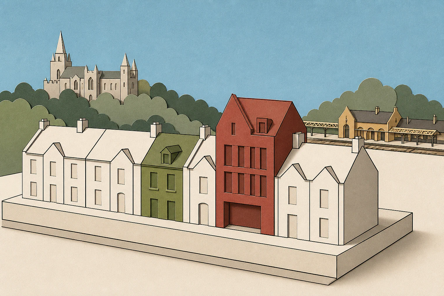 Cut-paper illustration of an imaginary character, scale and appearance planning issue in North West Leicestershire, with simplified local landmarks.