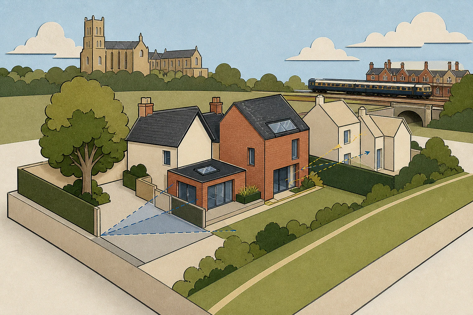 Cut-paper planning illustration for North West Leicestershire, showing extensions, neighbours, access and open land near simplified local landmarks.