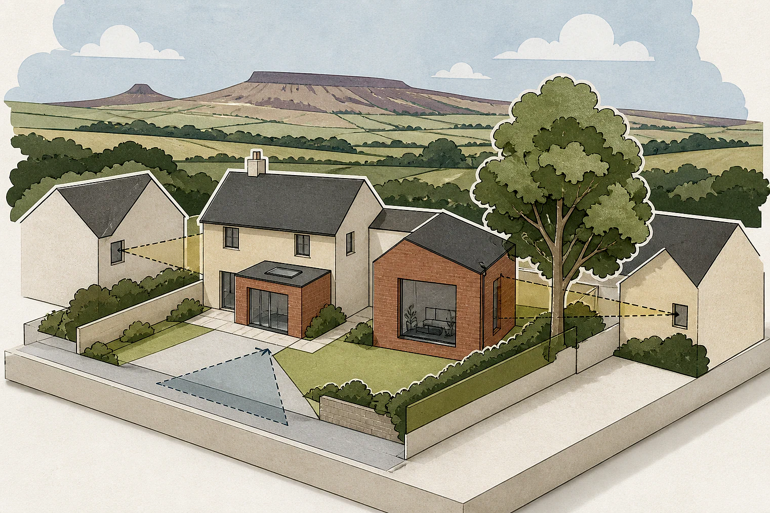 Cut-paper planning illustration for North York Moors, showing extensions, neighbours, access and open land near simplified local landmarks.