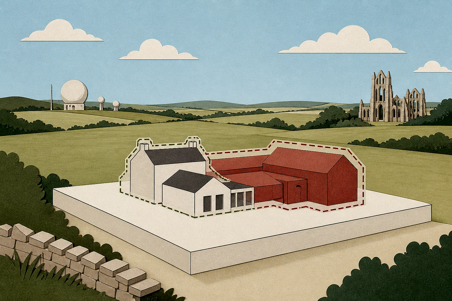 Cut-paper illustration of an imaginary building scale and Green Belt openness planning issue in North Yorkshire, with simplified local landmarks.