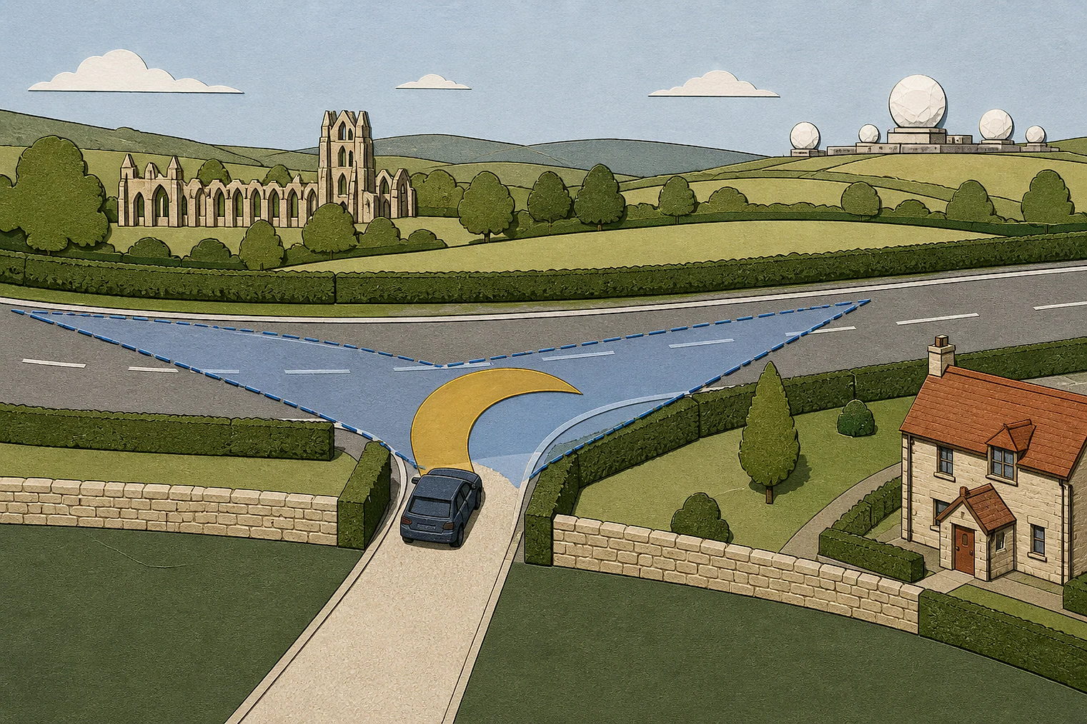 Cut-paper illustration of an imaginary access, visibility and highway safety planning issue in North Yorkshire, with simplified local landmarks.